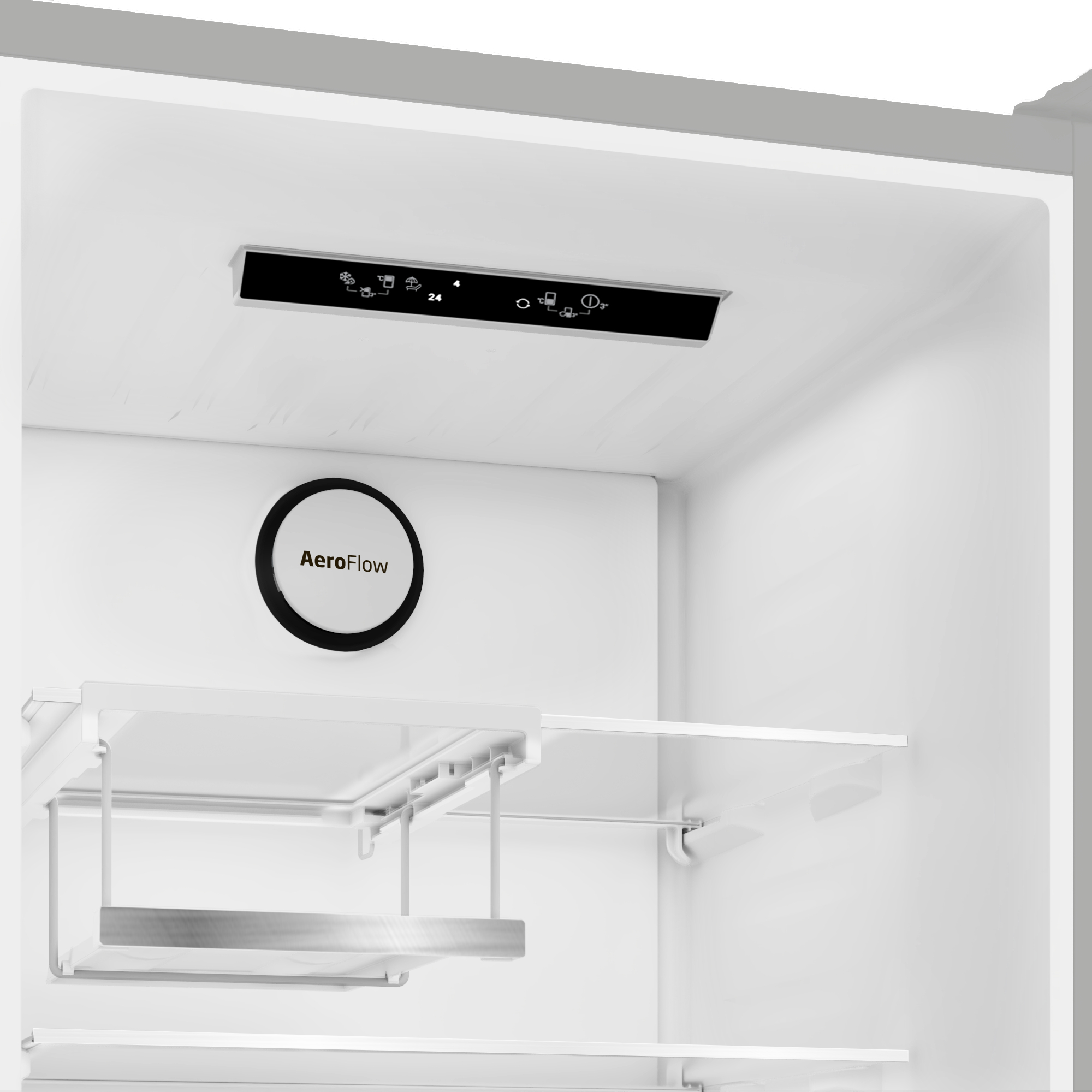 Interior de nevera blanca con estantes, panel de control y sistema AeroFlow.