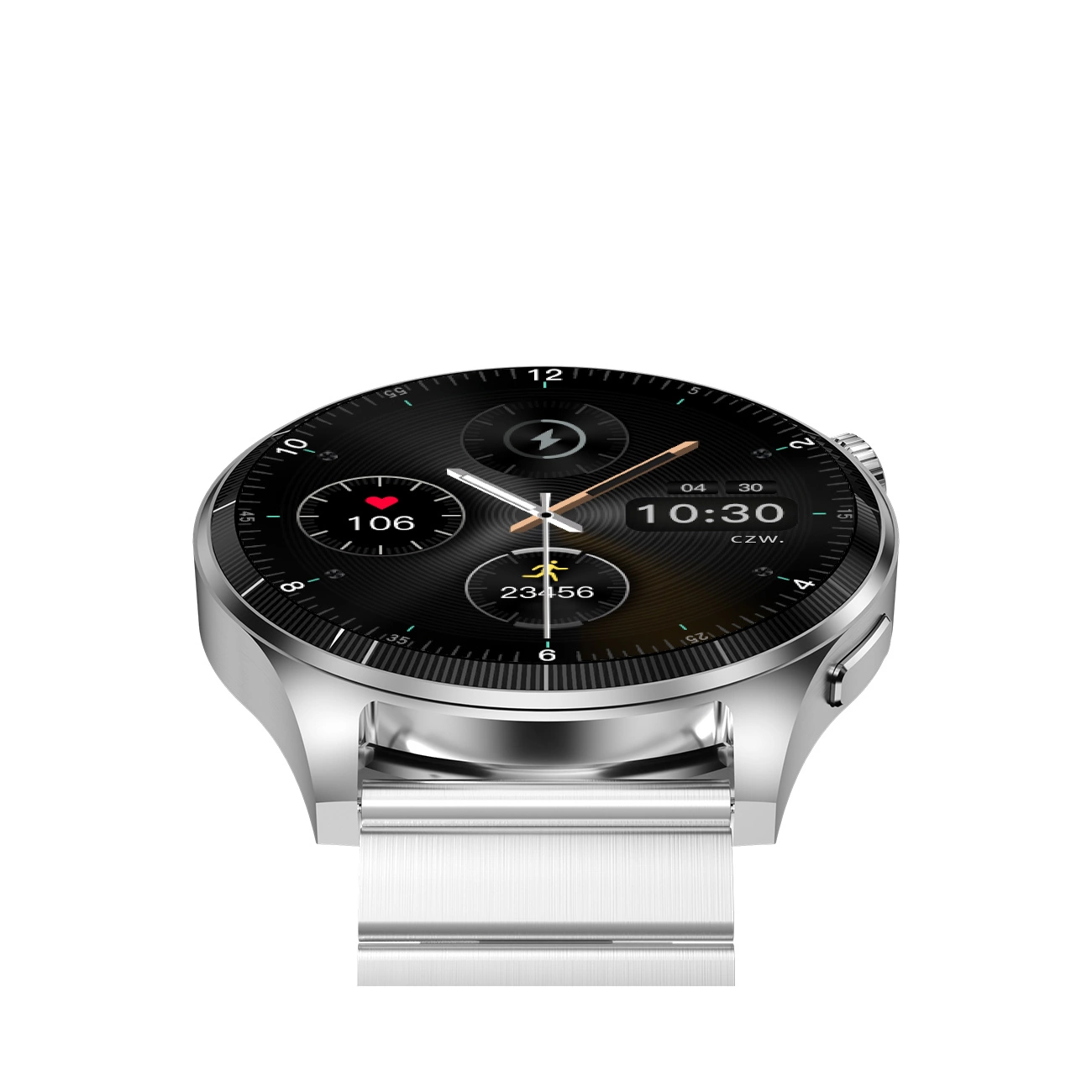 Srebrny smartwatch z czarnym ekranem wyświetlającym czas i wskaźniki. Biały pasek.