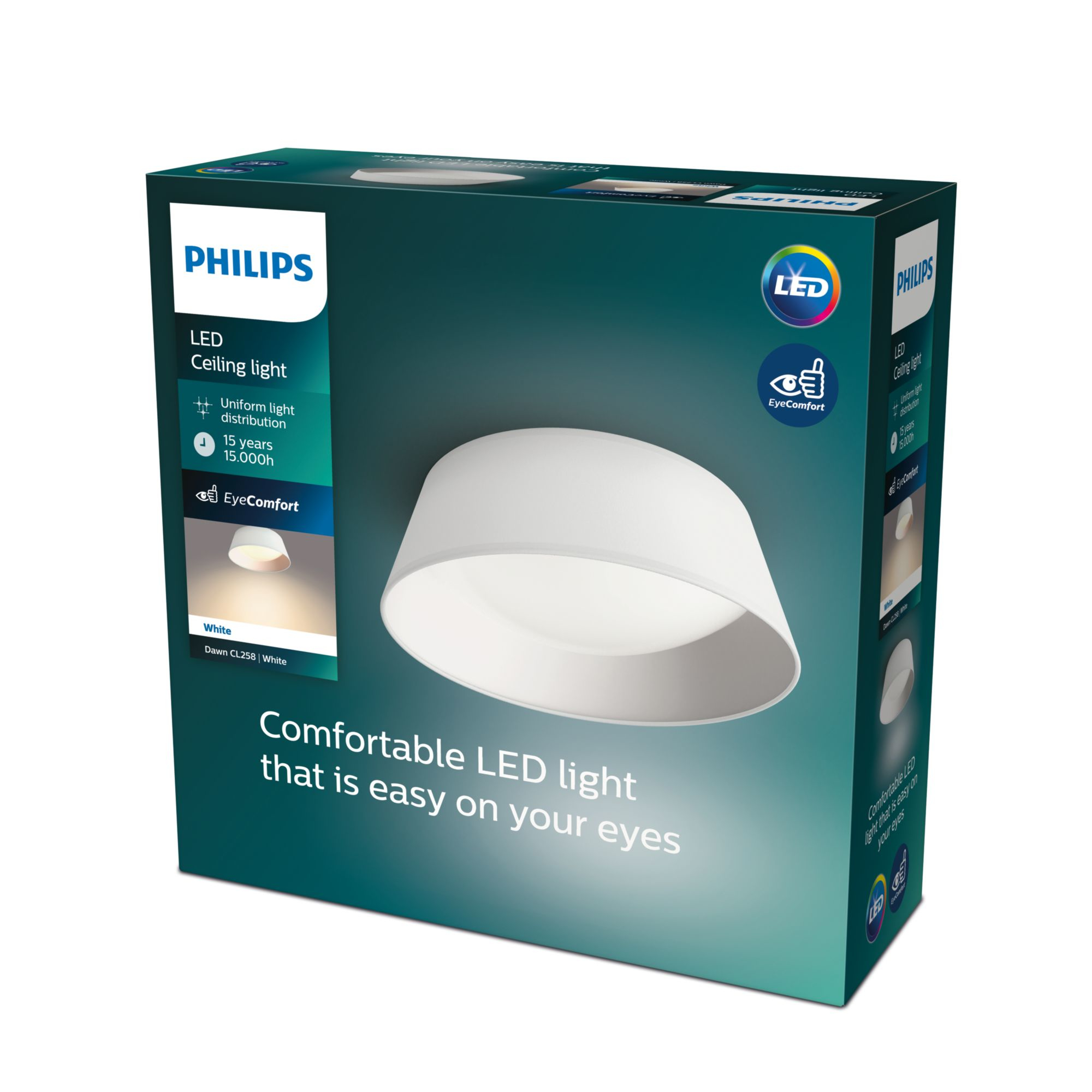 Luz de techo LED blanca en una caja. Texto y marca en la caja. Fondo blanco.