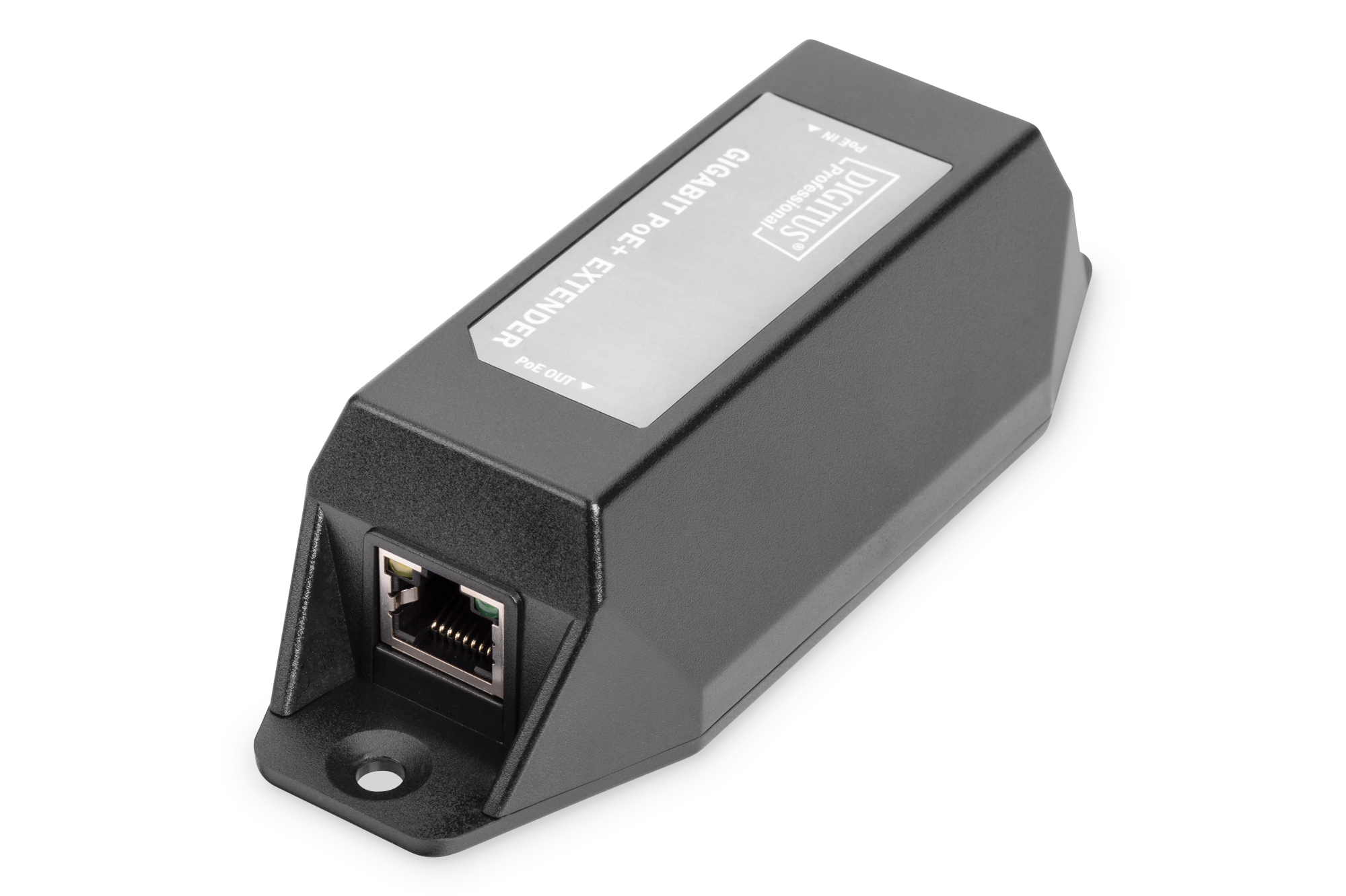Schwarzes Netzwerkgerät mit Anschluss, beschriftet Gigabit PoE+ Extender.