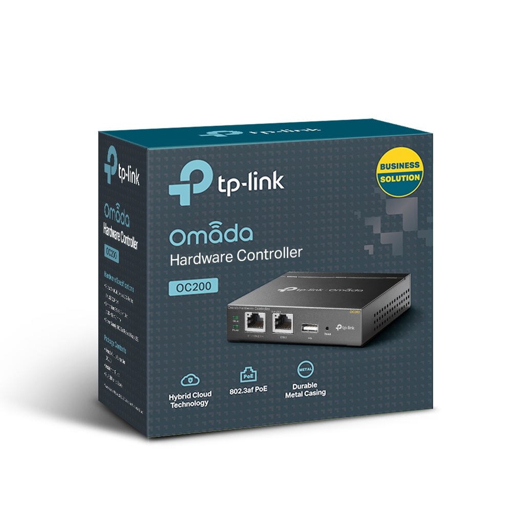 Metin ve grafiklerle tp-link Omada Donanım Kontrol Cihazı OC200'ü içeren bir kutu.