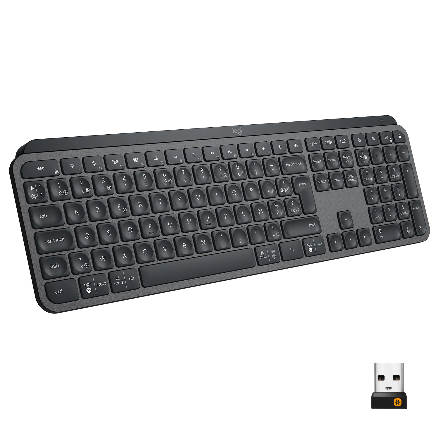 Schwarze Tastatur mit Tasten. Rechts ist ein USB-Empfänger.