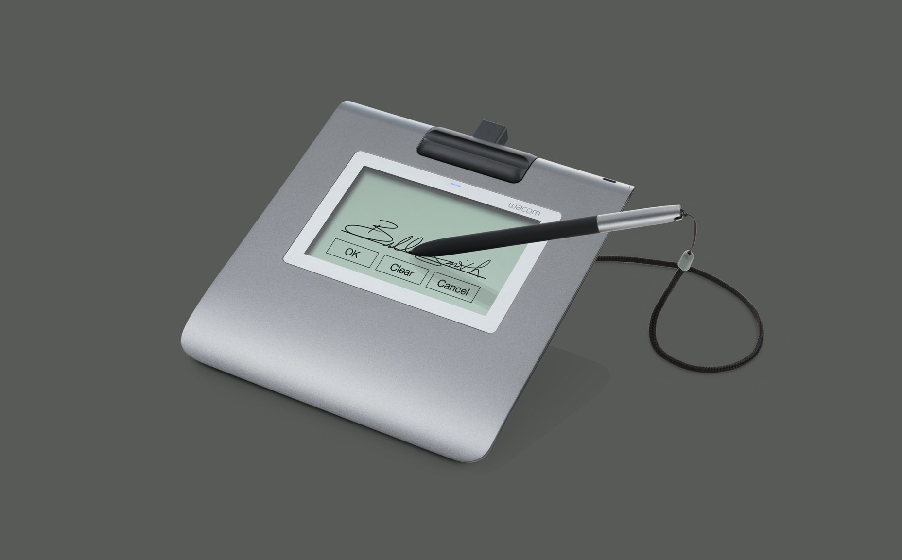 Silbernes elektronisches Unterschriftenpad, Unterschrift, Stift, Bildschirm.