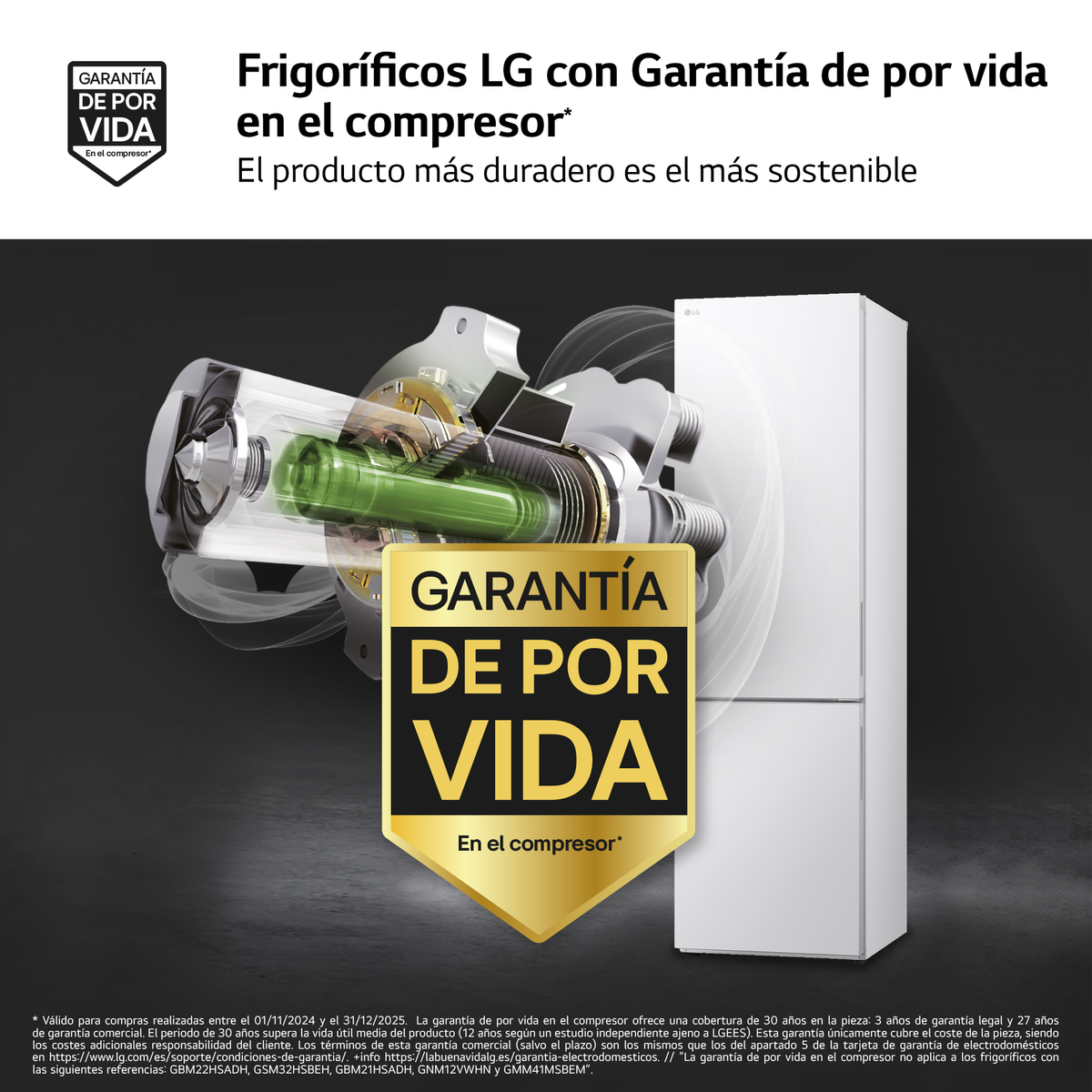 Anuncio de frigorífico LG. Corte del compresor con 'Garantía de por vida'. Texto: 'El producto más duradero es sostenible'.
