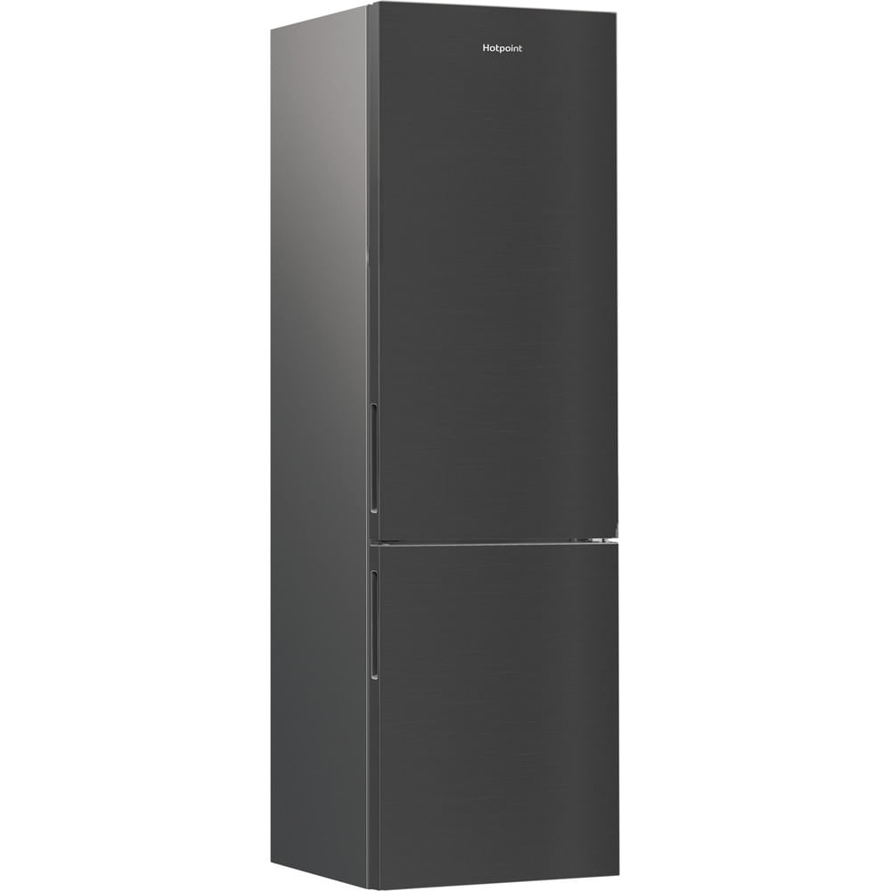Frigorifero Hotpoint nero, due porte, su superficie bianca, sfondo neutro.