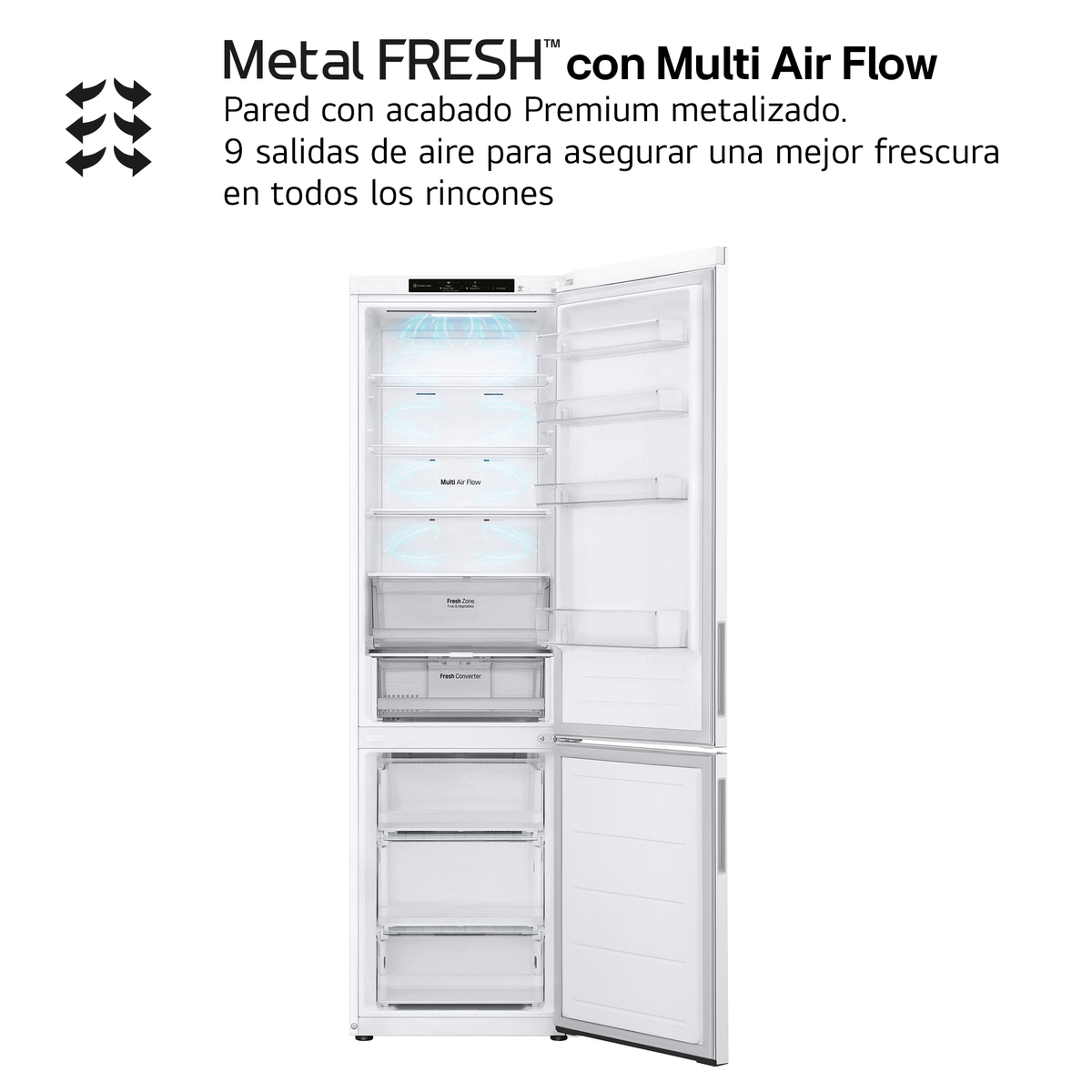 Refrigerador blanco, puerta abierta, mostrando estantes, cajones y ventilas.