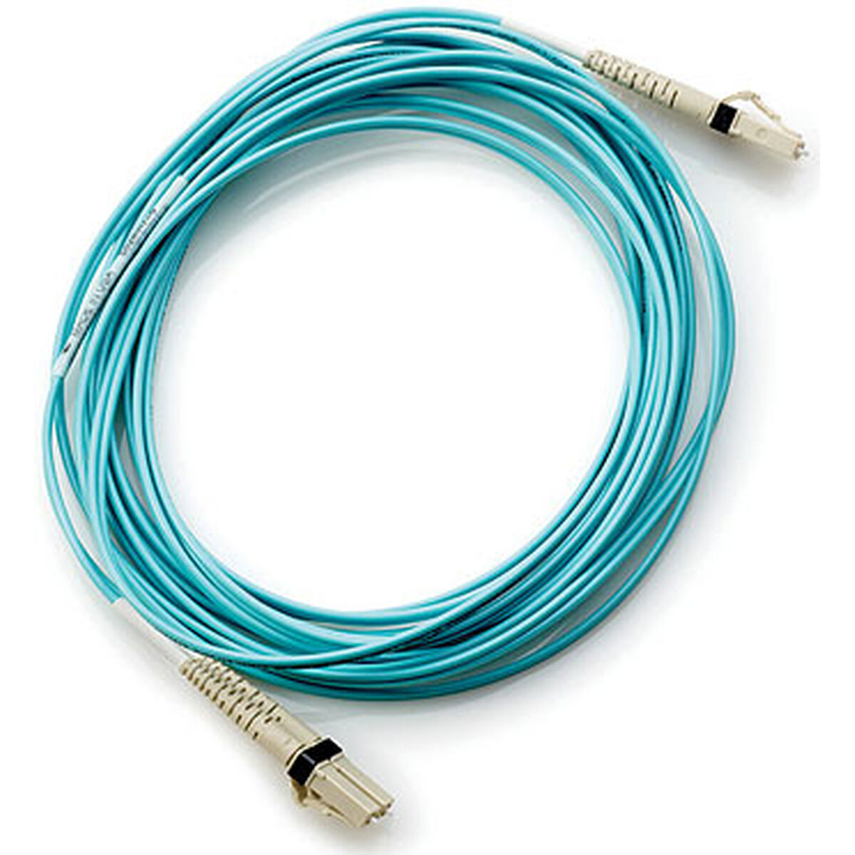 Un cavo in fibra ottica arrotolato, azzurro, con connettori bianchi alle due estremità.
