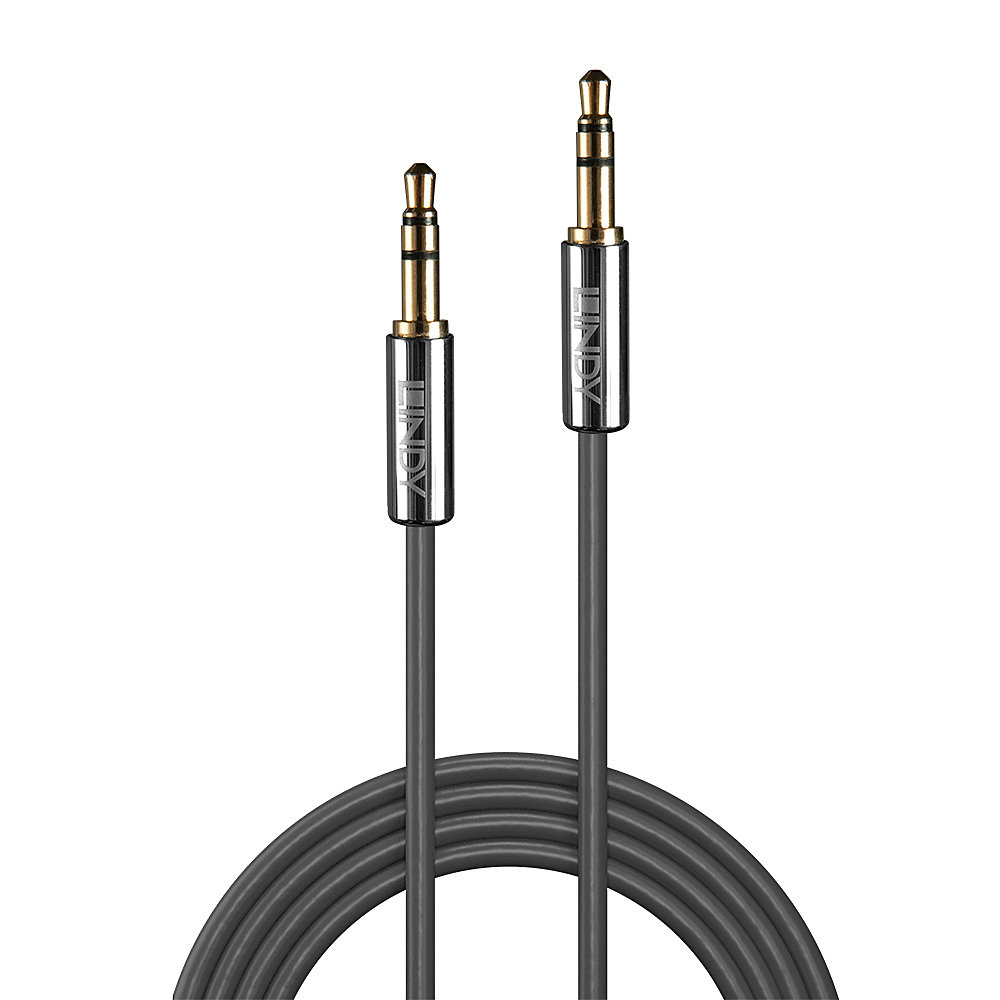 Two LINDY audio connectors, silver and gold, connected by a gray cable, white background.