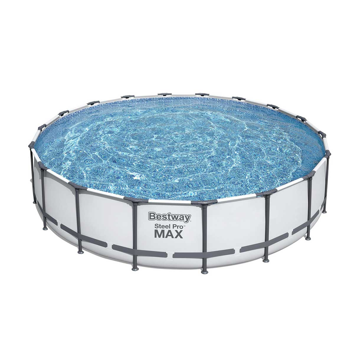 Rond blauw zwembad. Wit frame met blauw interieur. Het water is helder.