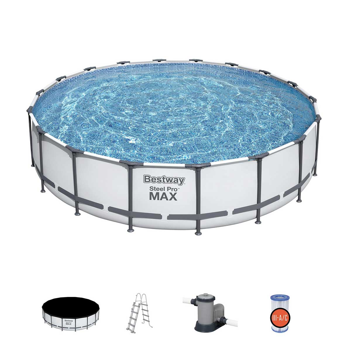 Een cirkelvormig bovengronds zwembad met water, trappen en filtratieapparatuur.