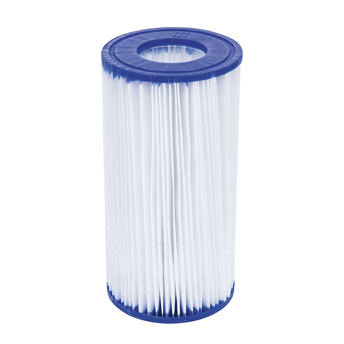 Witte cilindrische filter. Heeft blauwe boven- en onderkant. Verticale witte plooien.