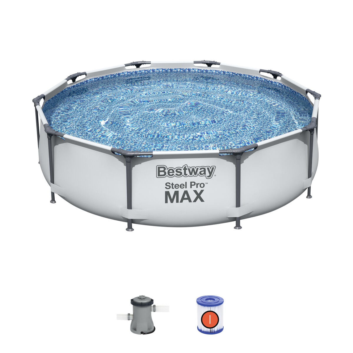 Ein großes, rundes, oberirdisches Schwimmbecken. Weiße Seiten, blaues Wasser, mit Pumpe und Filter.