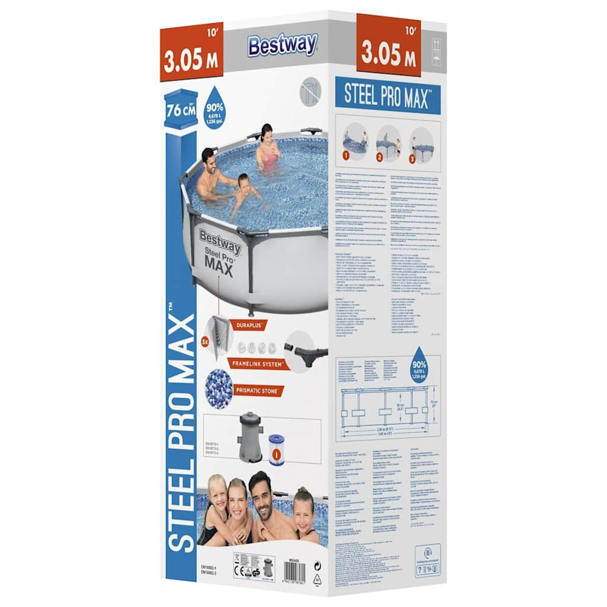 Poolbox mit Personen im Pool, weißer Hintergrund mit Produktdetails und Anweisungen.