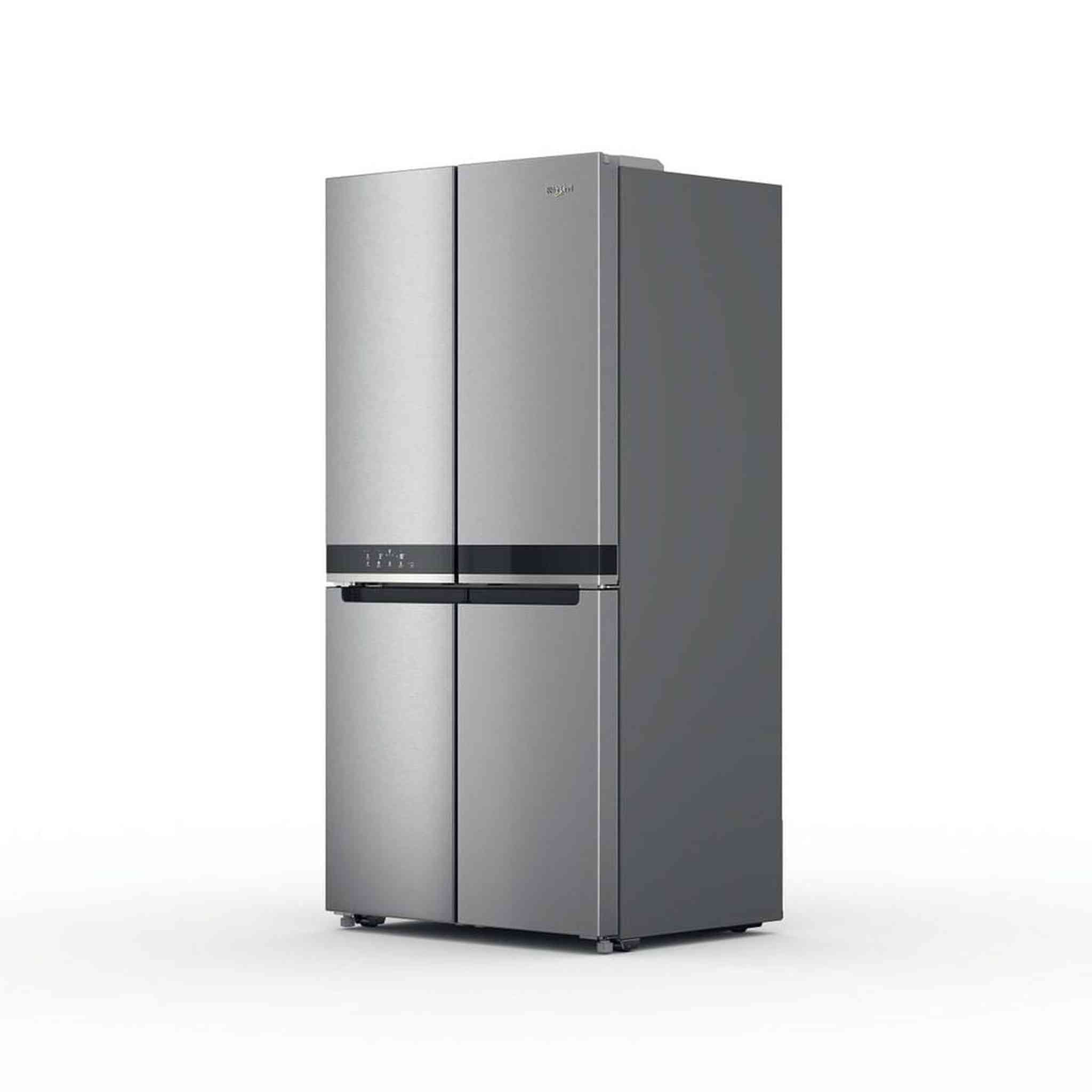 Réfrigérateur Whirlpool argenté, design à quatre portes, avec un affichage numérique sur la porte.