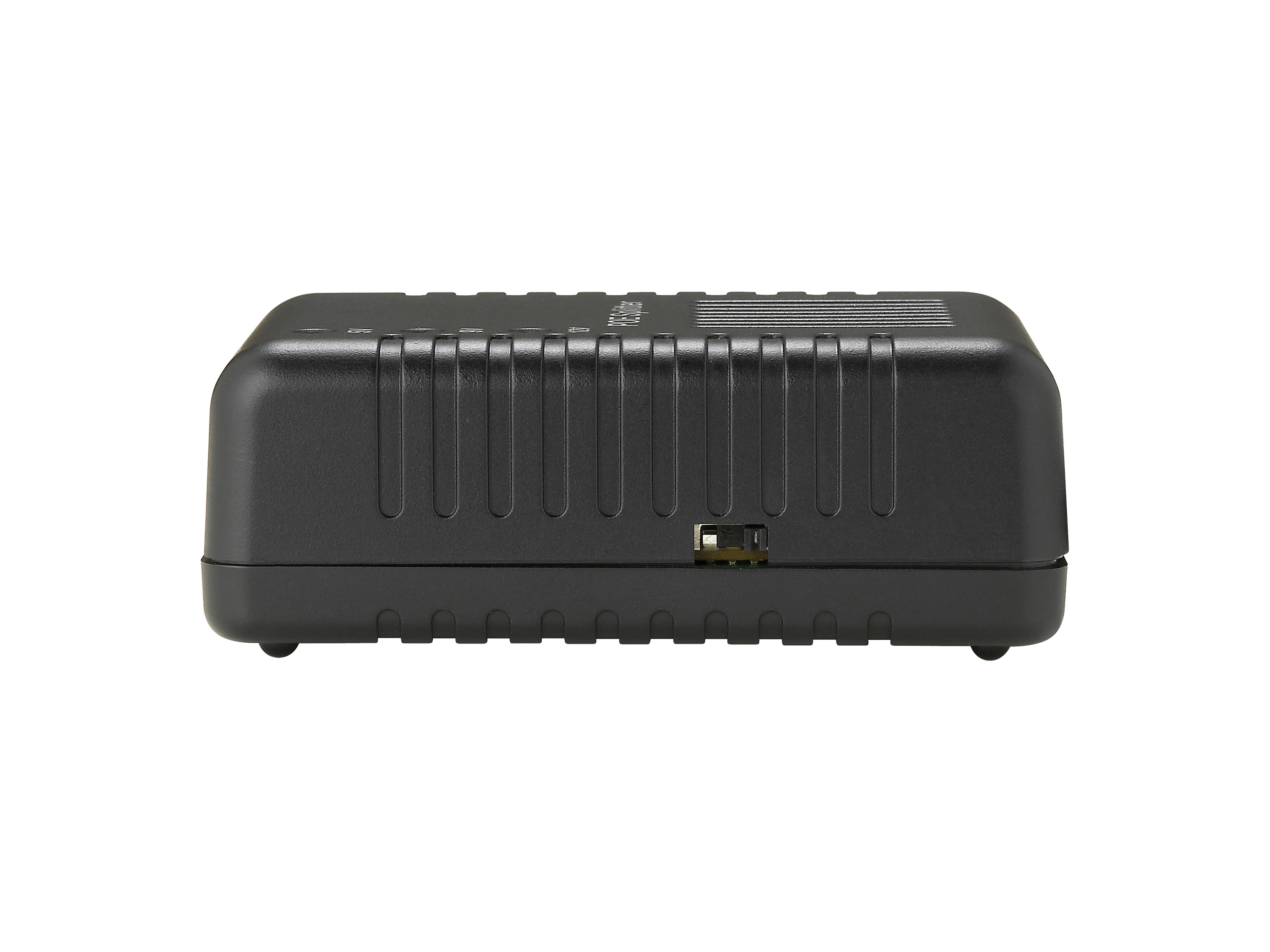 Black rectangular device with grooves on the top and a port on the side.