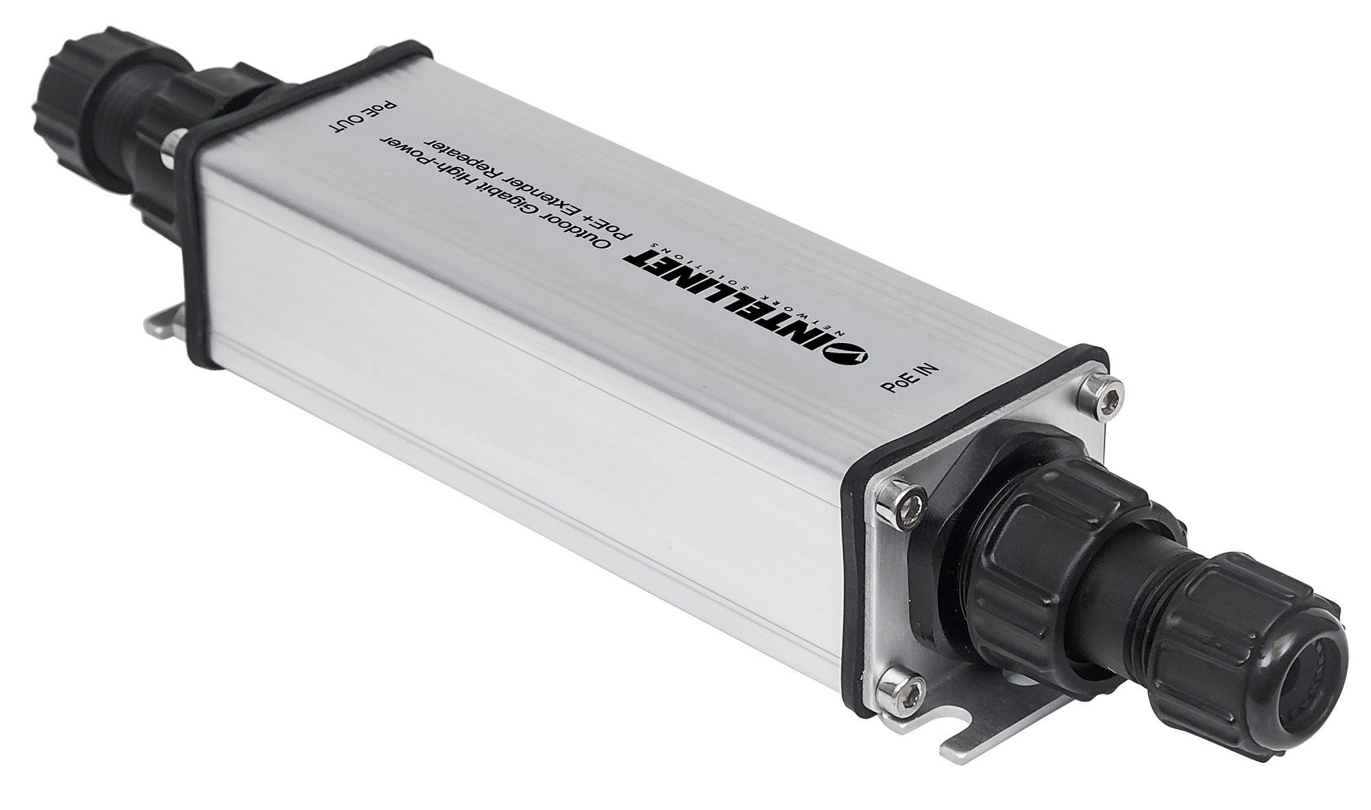 Srebrny przedłużacz PoE+ z czarnymi złączami na obu końcach.