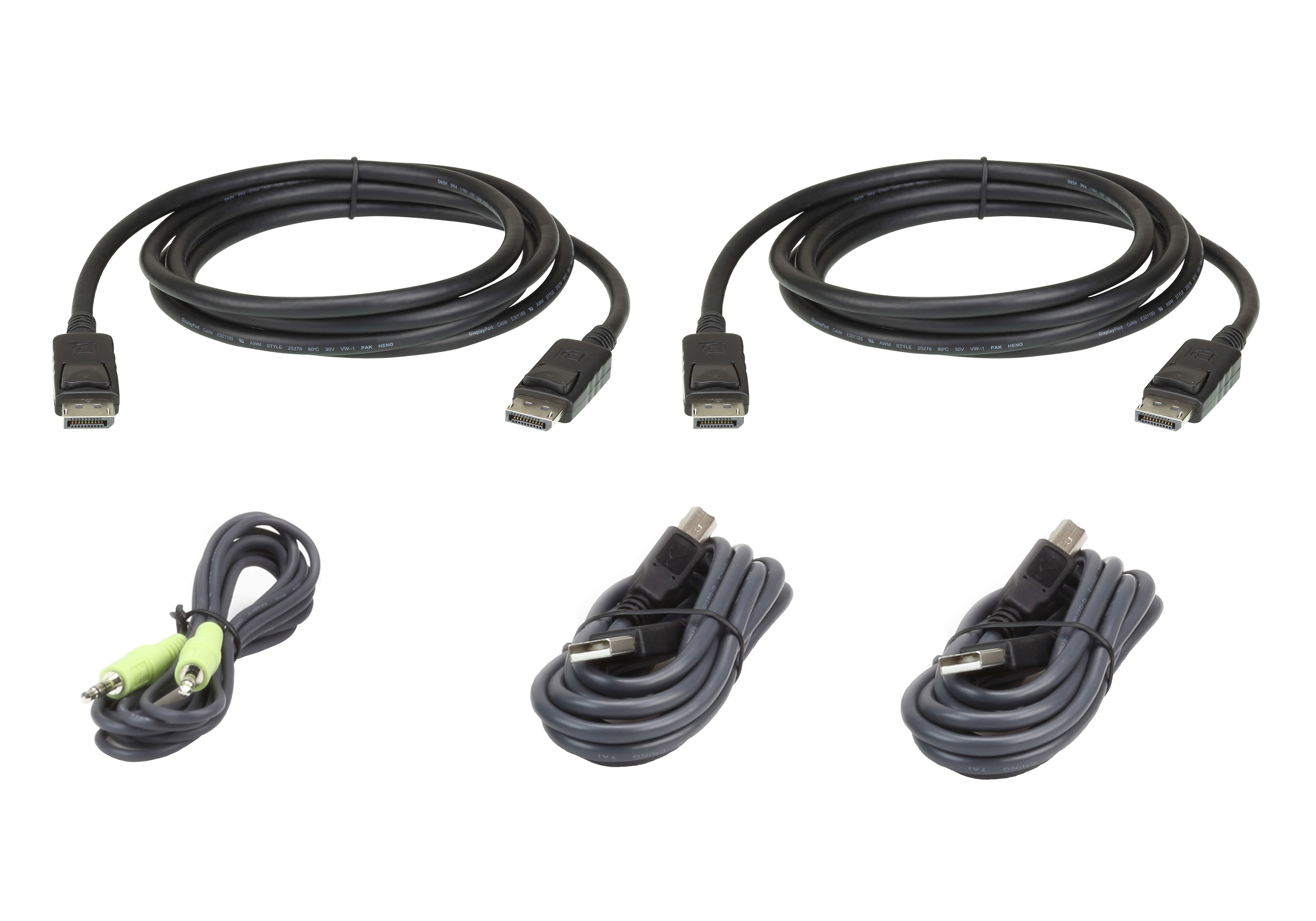 Diversi cavi neri con connettori DP, cavi audio e USB su una superficie bianca.