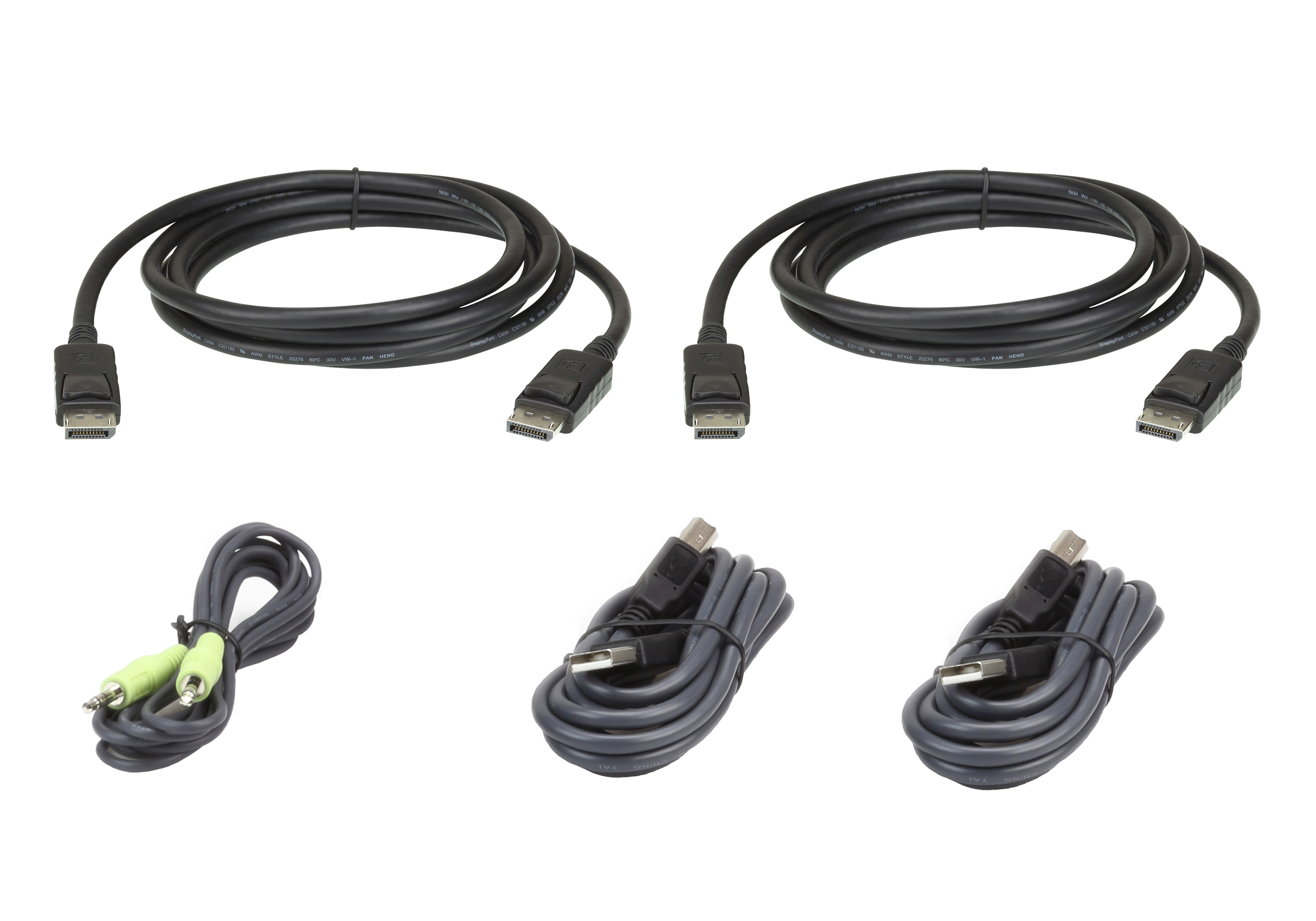 Diversi cavi neri con connettori DP, cavi audio e USB su una superficie bianca.