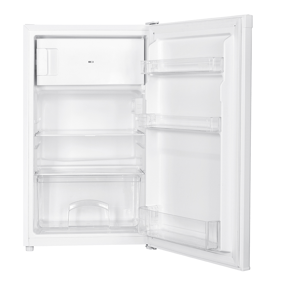 Biała lodówka z otwartymi drzwiami, pokazująca półki i przegródki.