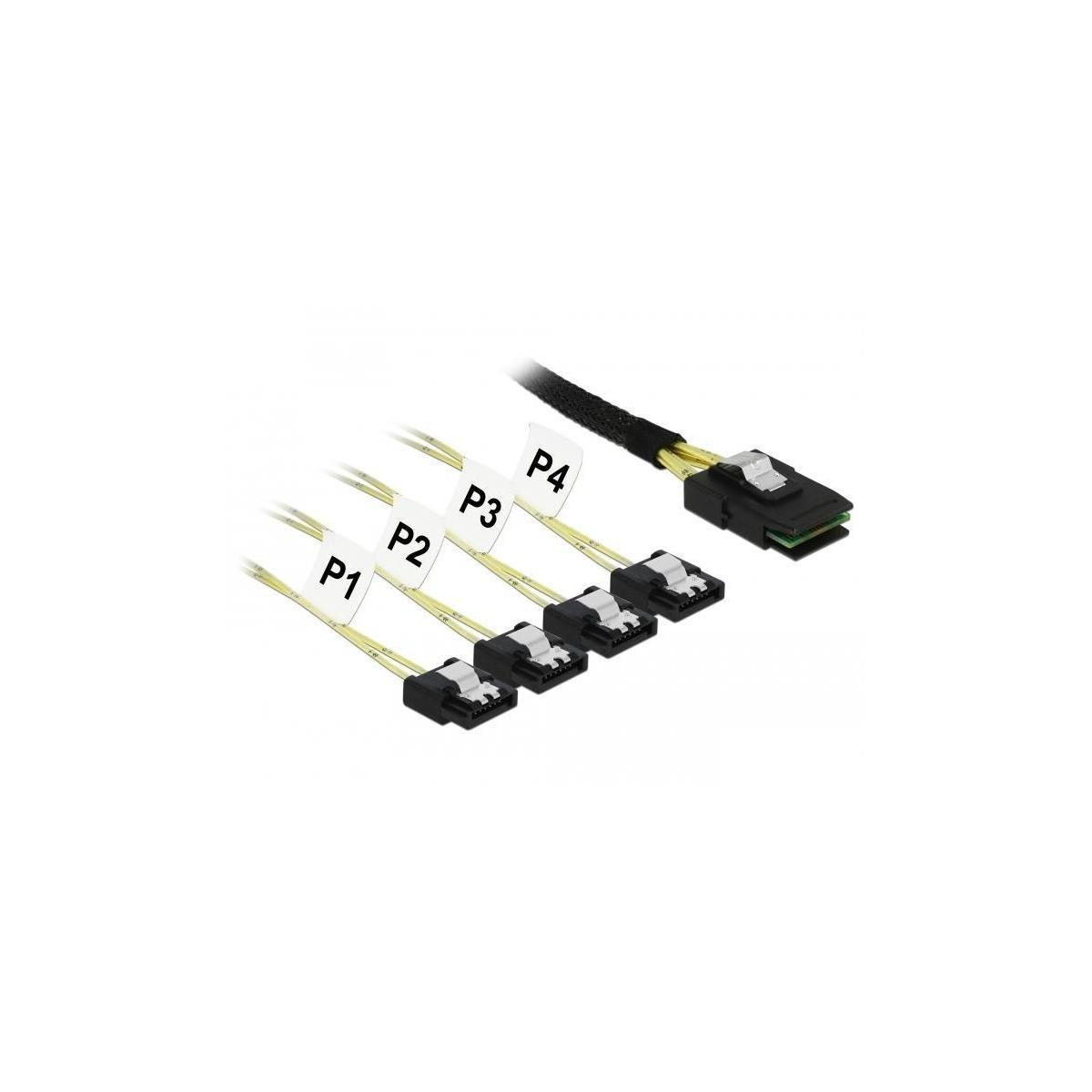 Quattro cavi SATA con etichette P1, P2, P3 e P4, collegati a un connettore nero.