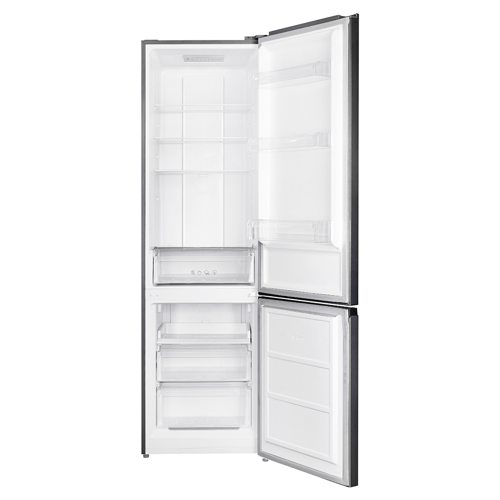Un refrigerador oscuro abierto. Los estantes y cajones son visibles en el interior.