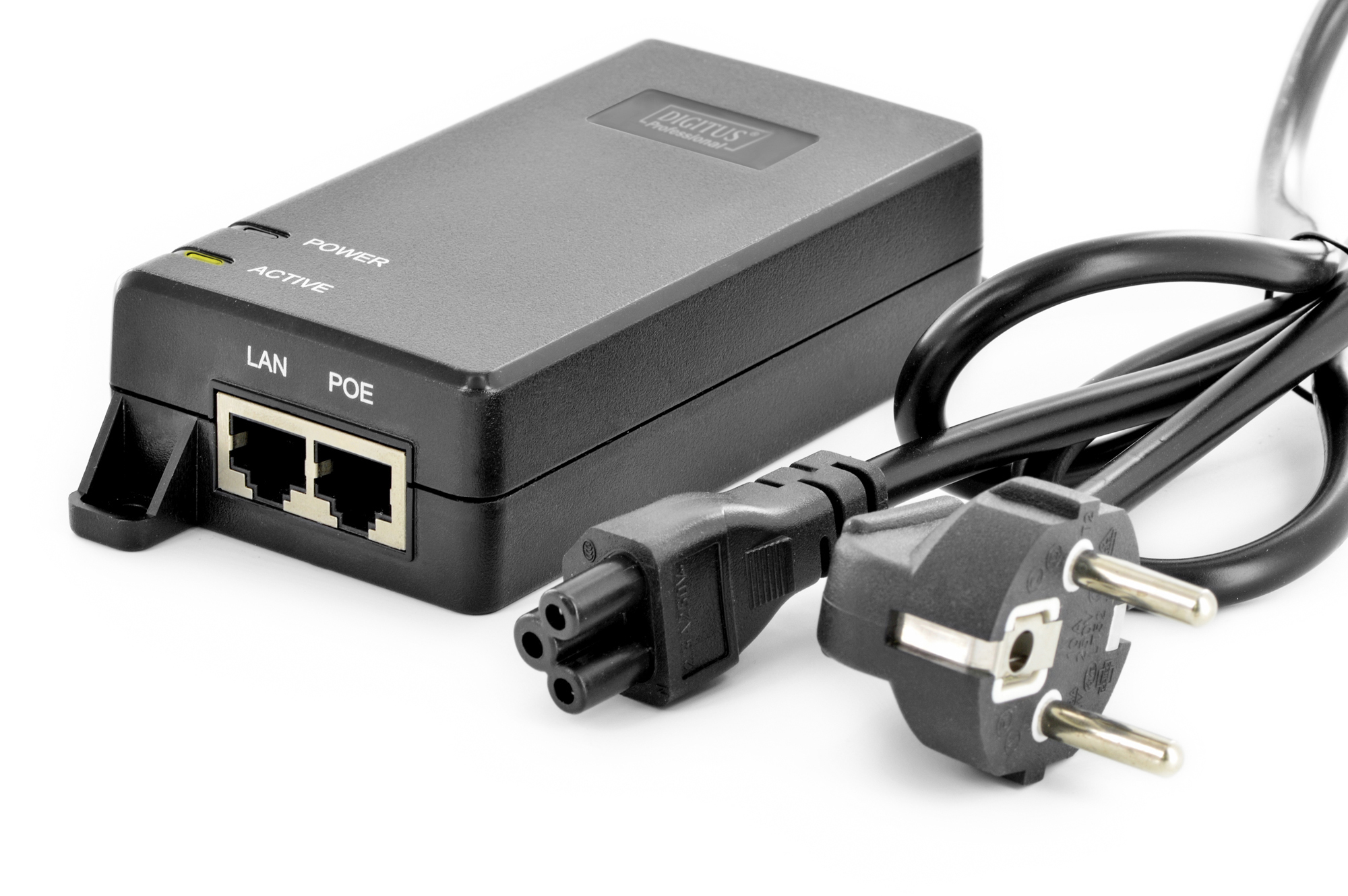 Schwarzer Netzadapter mit Stecker. Hat die Beschriftungen 'POWER' und 'ACTIVE'.