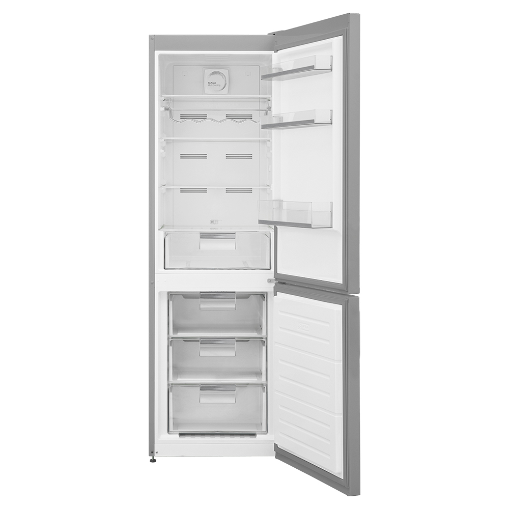 Refrigerador abierto con estantes y cajones, mostrando la disposición interior con alimentos.