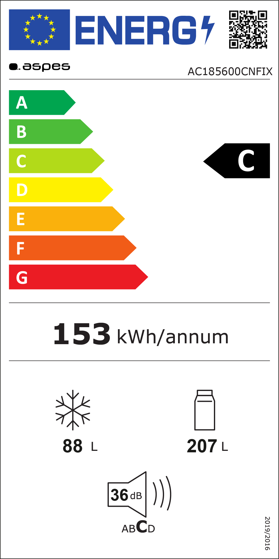 Etiqueta energética mostrando la clase C, con especificaciones de 153 kWh/año, 88L y 207L.