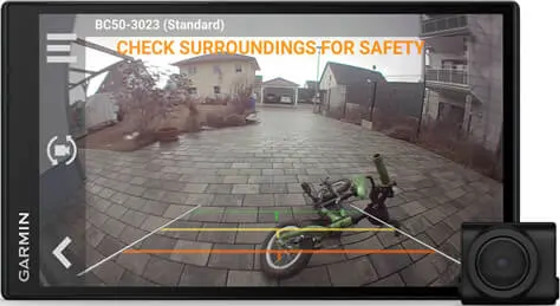 Un écran Garmin montrant une vue de caméra de recul, avec un vélo.