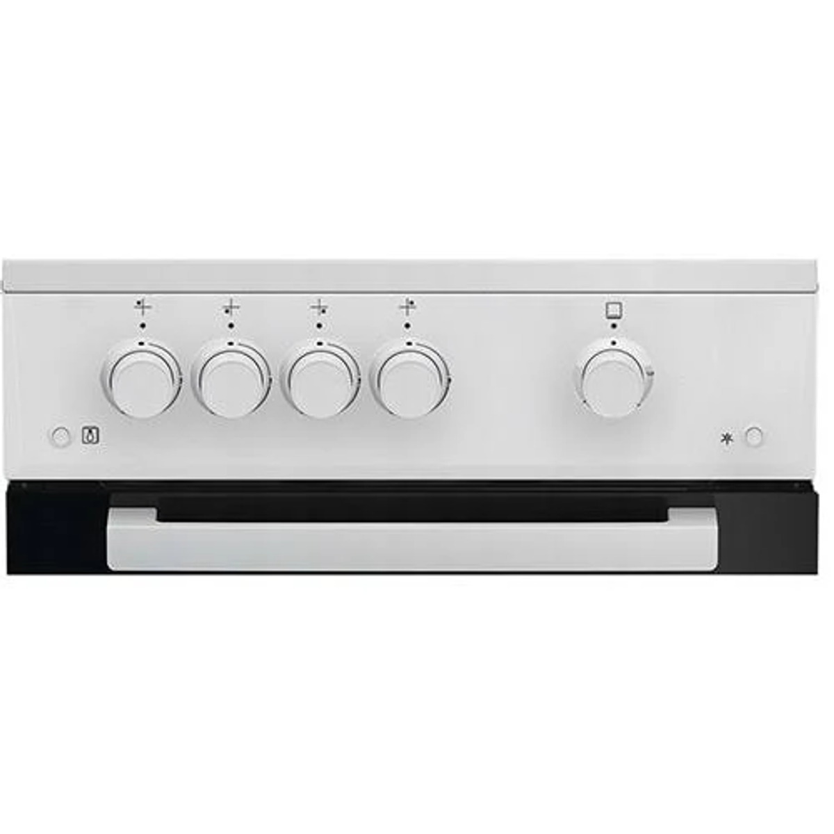 Primer plano de un panel de control de estufa con perillas y una manija.