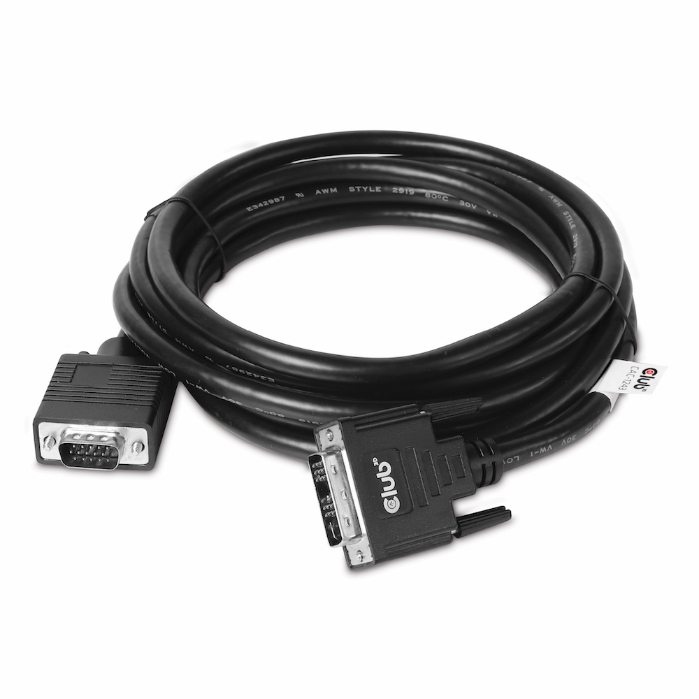Black VGA cable, coiled. One end has a 15-pin connector, the other a 9-pin connector.
