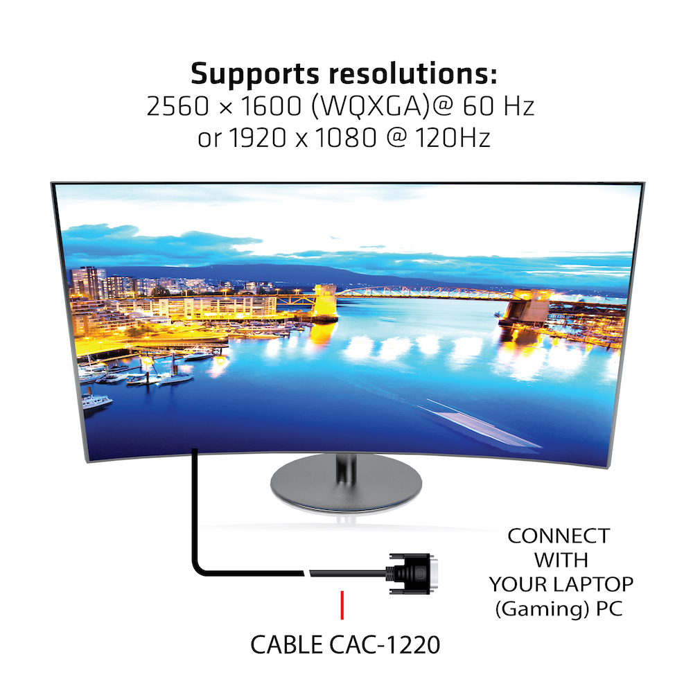 Zakrzywiony monitor z widokiem miasta, kabel podłączony do czarnego złącza, nakładka tekstowa.