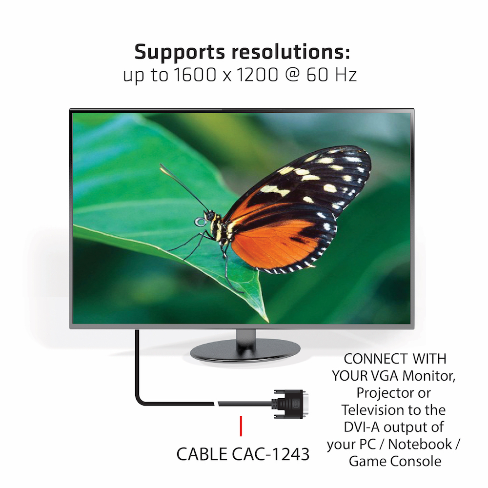 A monitor displaying a butterfly on a green leaf. A black cable goes to the DVI-A output.