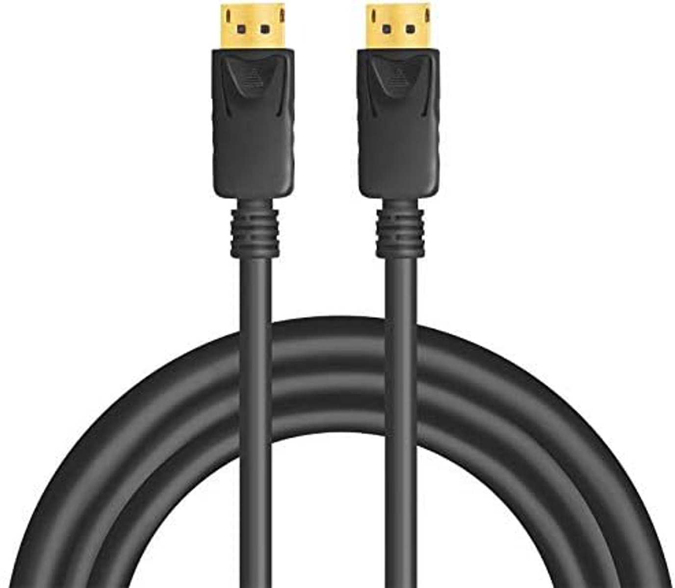 Zbliżenie dwóch kabli DisplayPort. Czarne kable ze złotymi złączami.