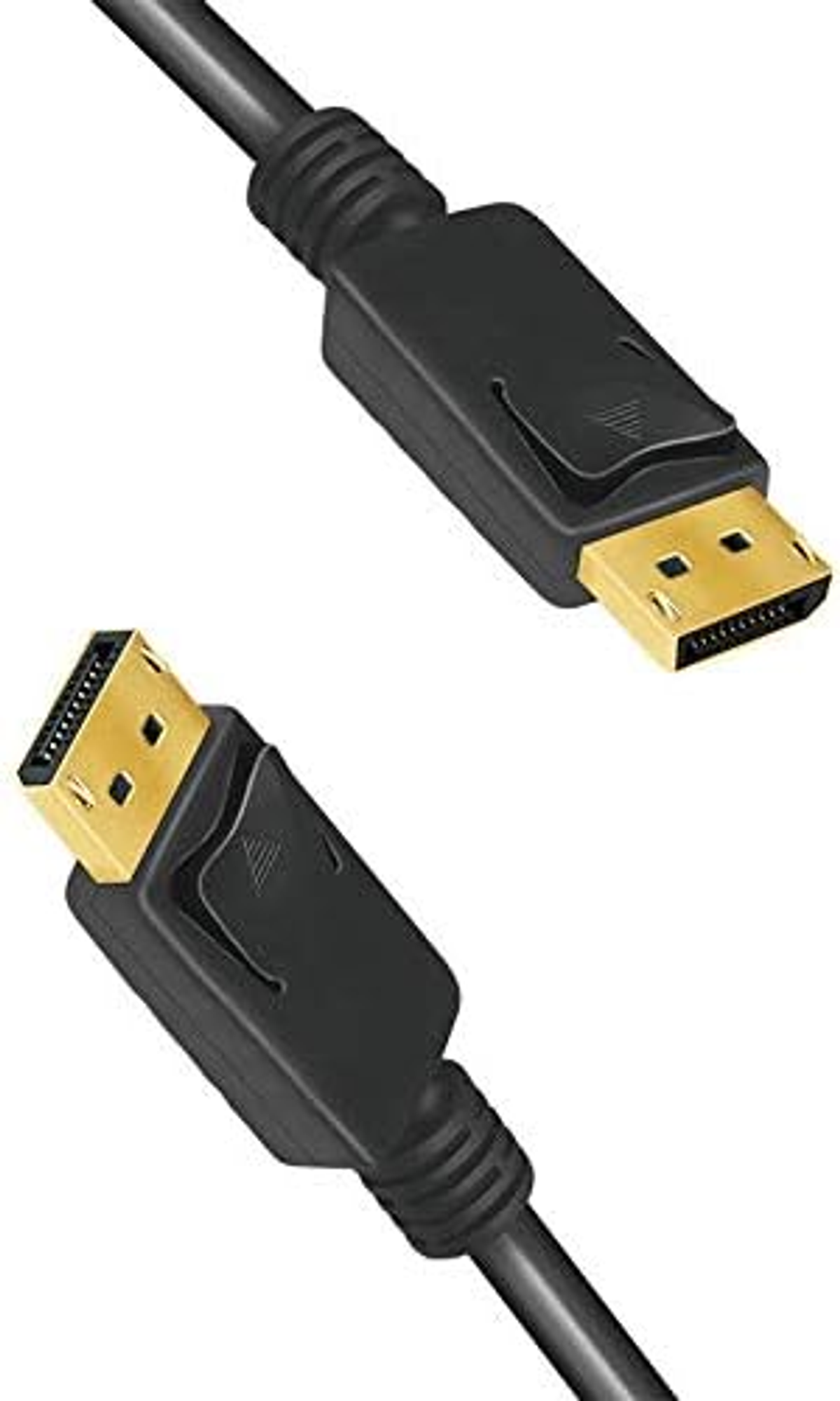 Dwa złącza DisplayPort na czarnym kablu. Złote złącza, czarna plastikowa obudowa.