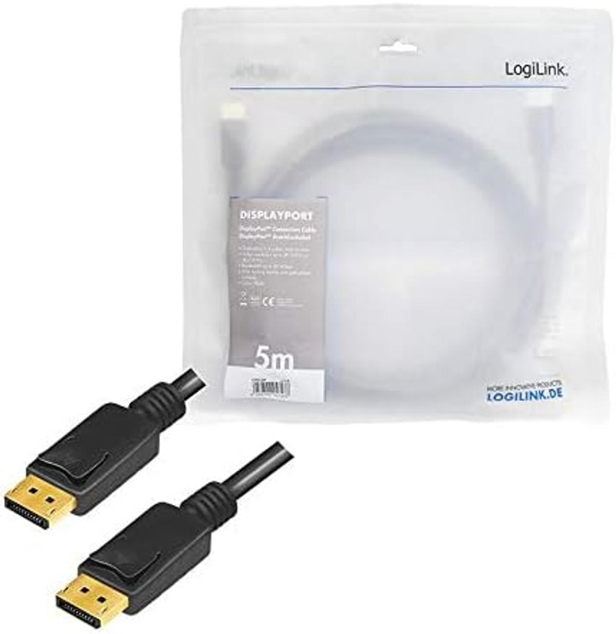 Kable i złącza DisplayPort w plastikowej torbie z etykietą produktu.