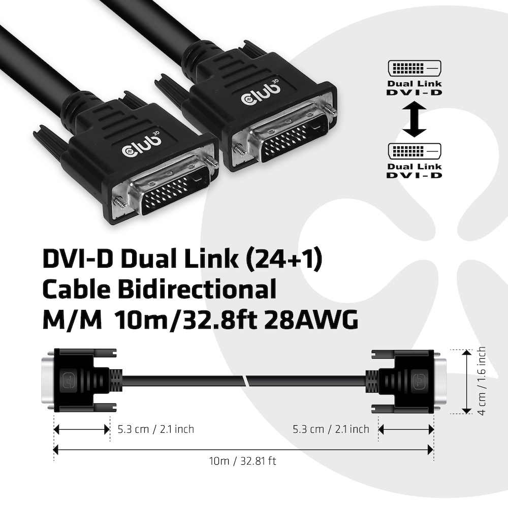 DVI-D Dual Link cable with connectors, specifications and dimensions are displayed.