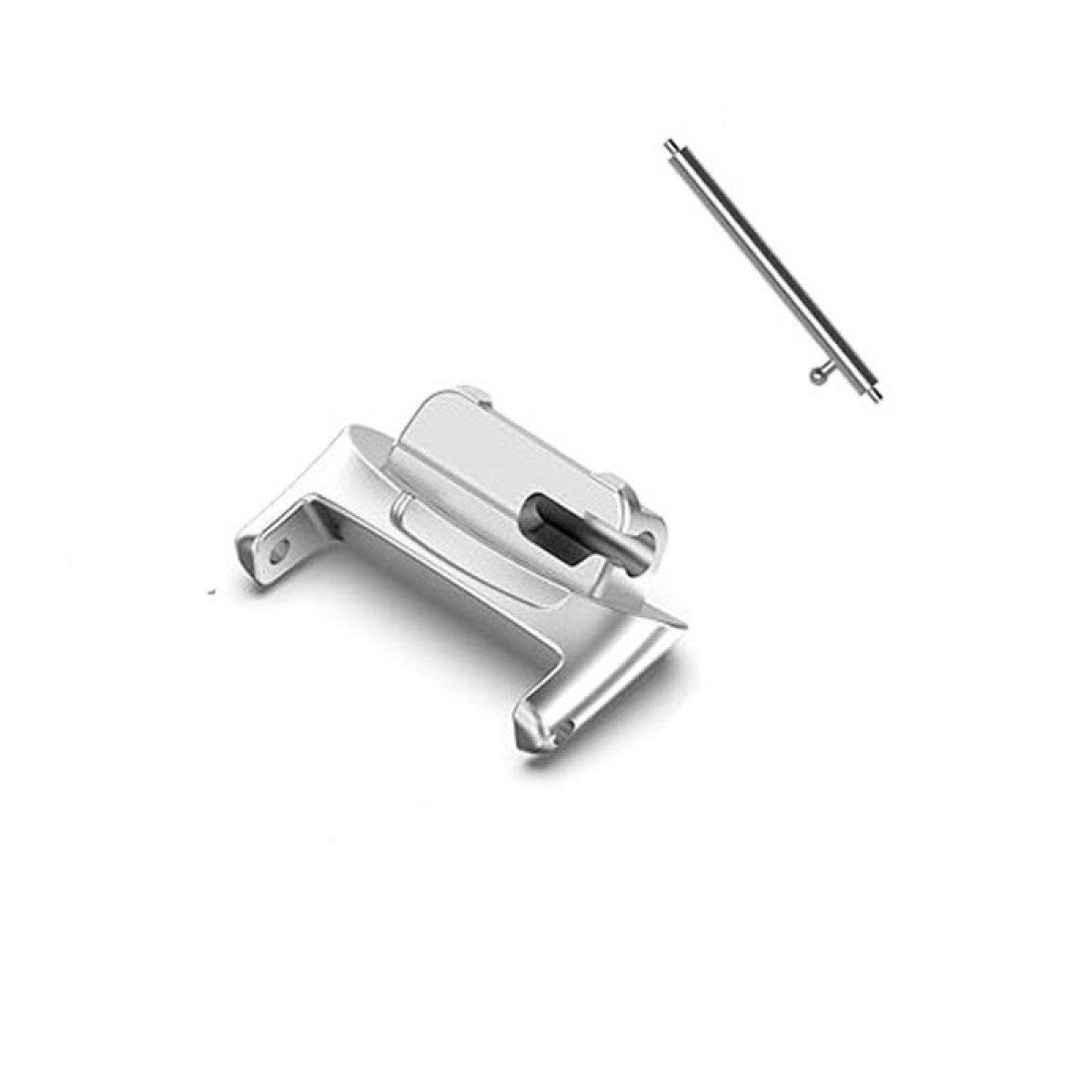 Zilveren horlogecomponent met metalen staaf. Geïsoleerd op witte ondergrond. Een component en een staaf.