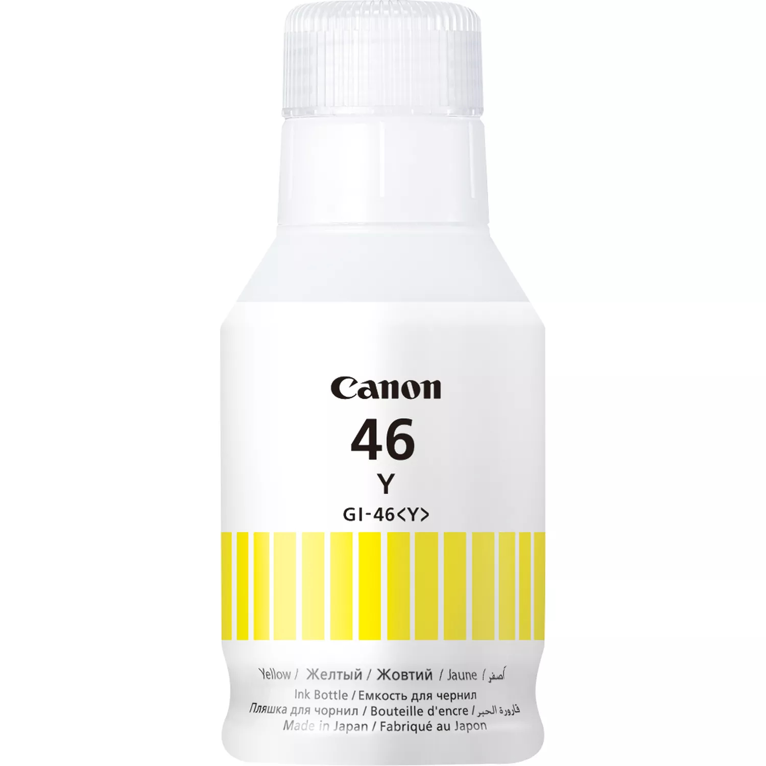 Een witte fles gele Canon 46 Y inkt. De fles heeft een geel etiket en tekst in meerdere talen.
