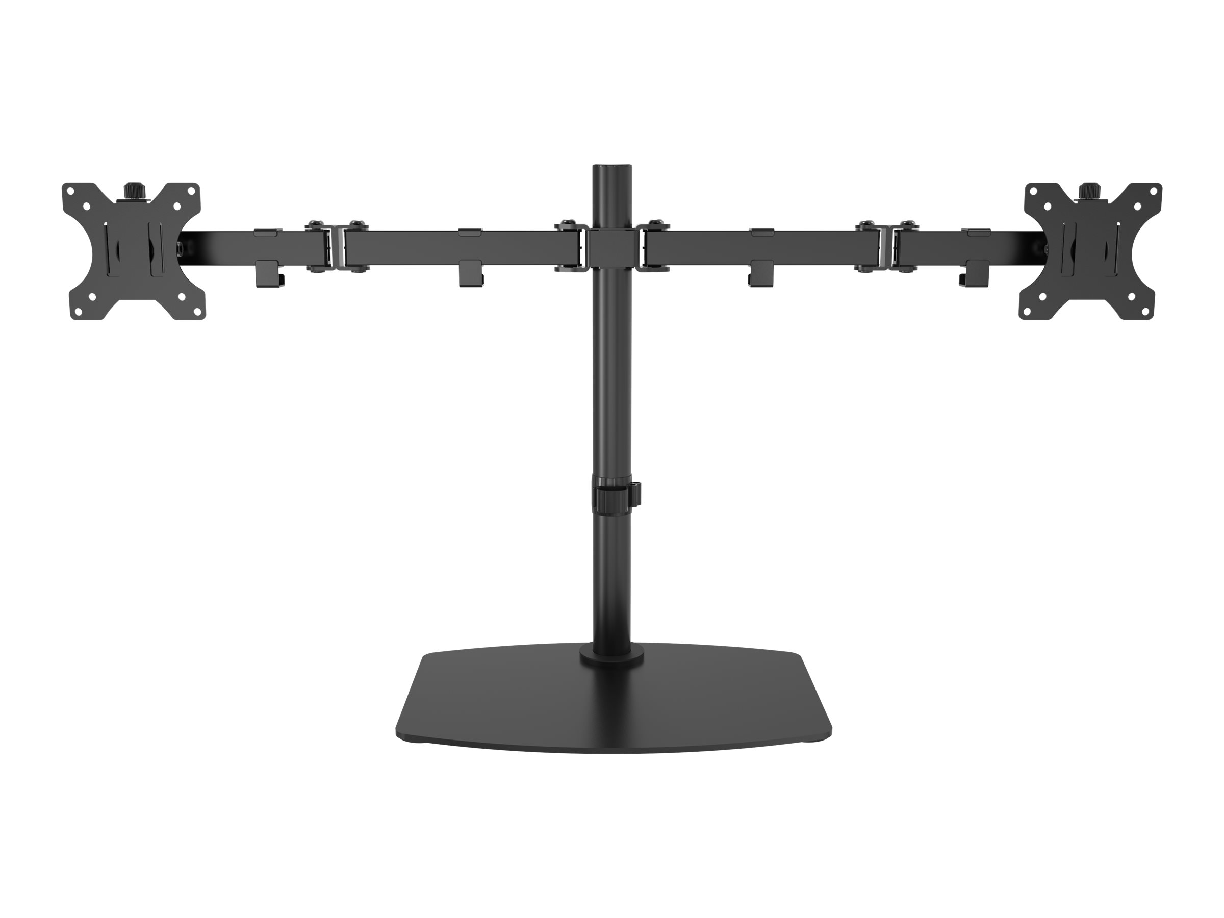 Supporto nero per doppio monitor. Ha una base, un palo centrale e bracci.