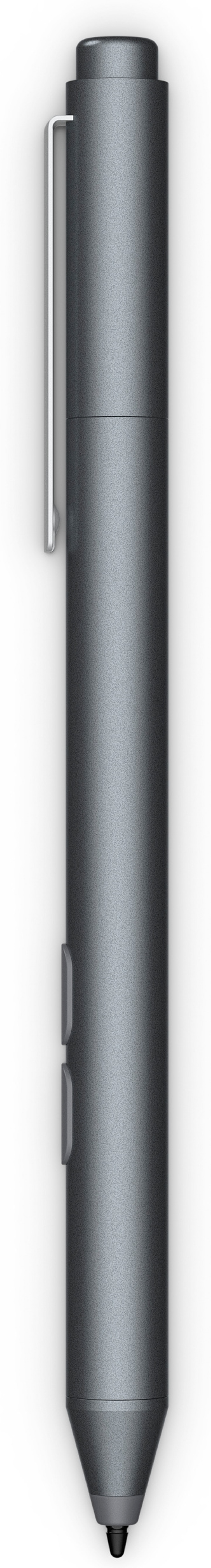 A silver stylus pen with two buttons and a clip. It is sleek and grey.