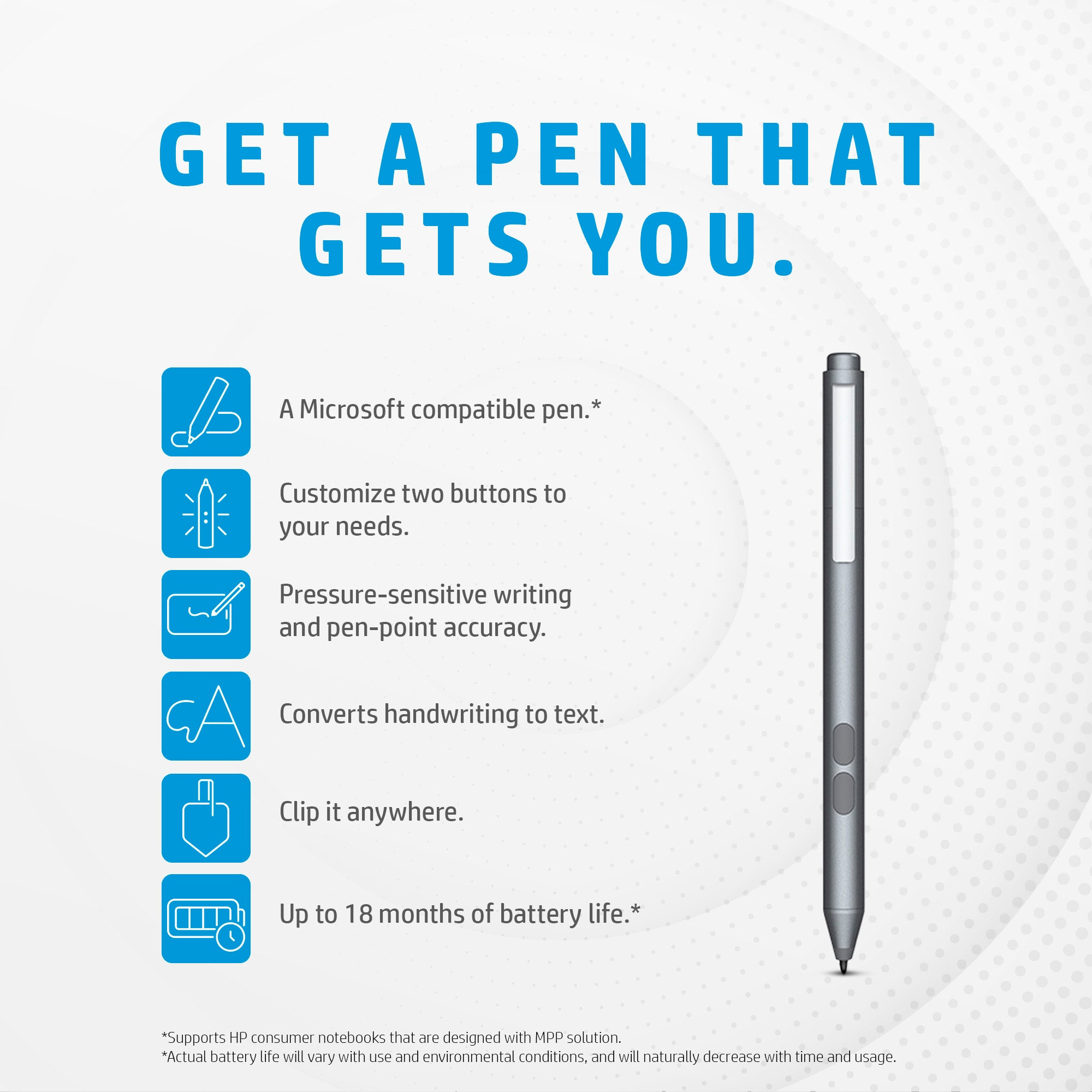 Image with the text: Get a pen that gets you, and features of a stylus pen.