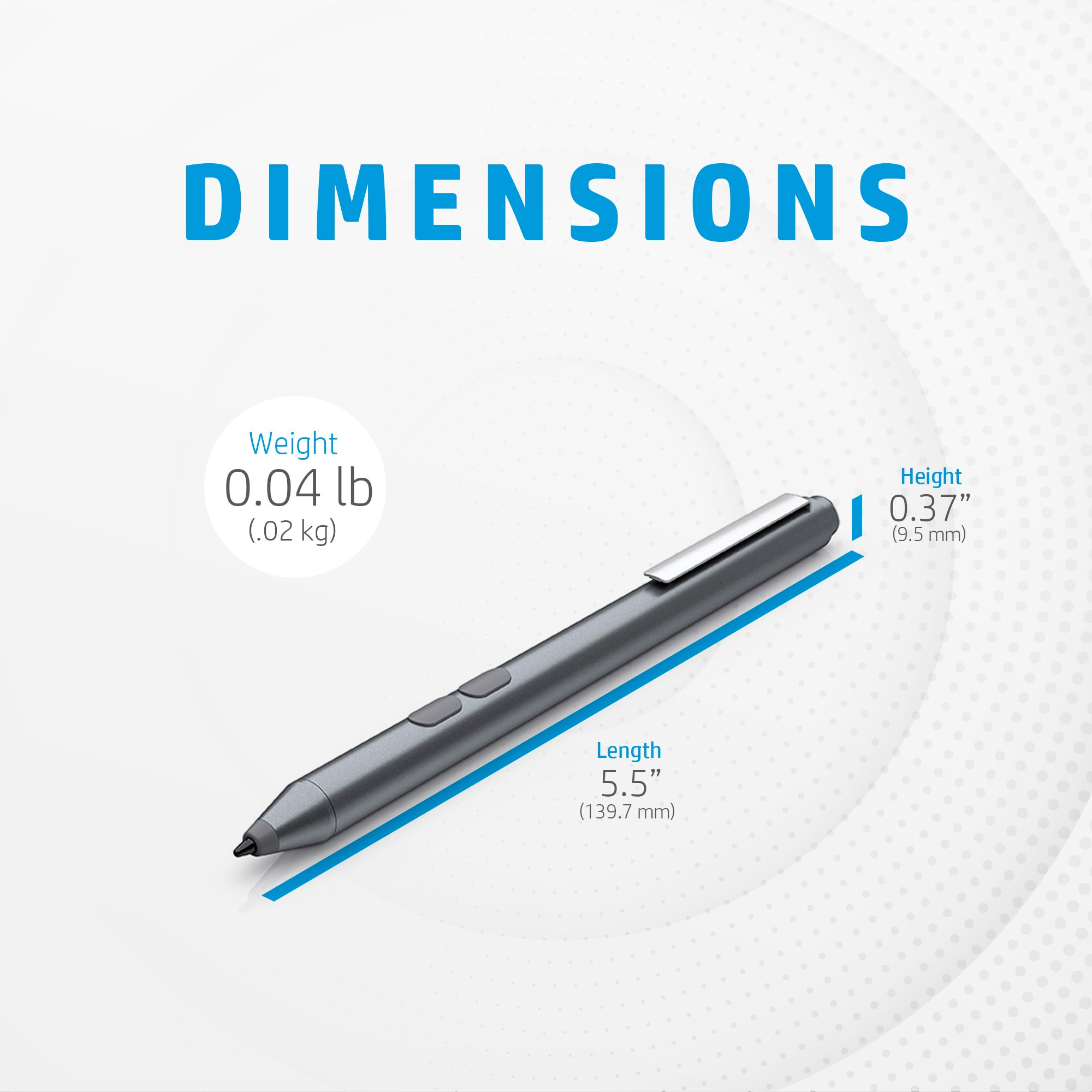 Image showing the dimensions of a stylus pen, including weight and length.