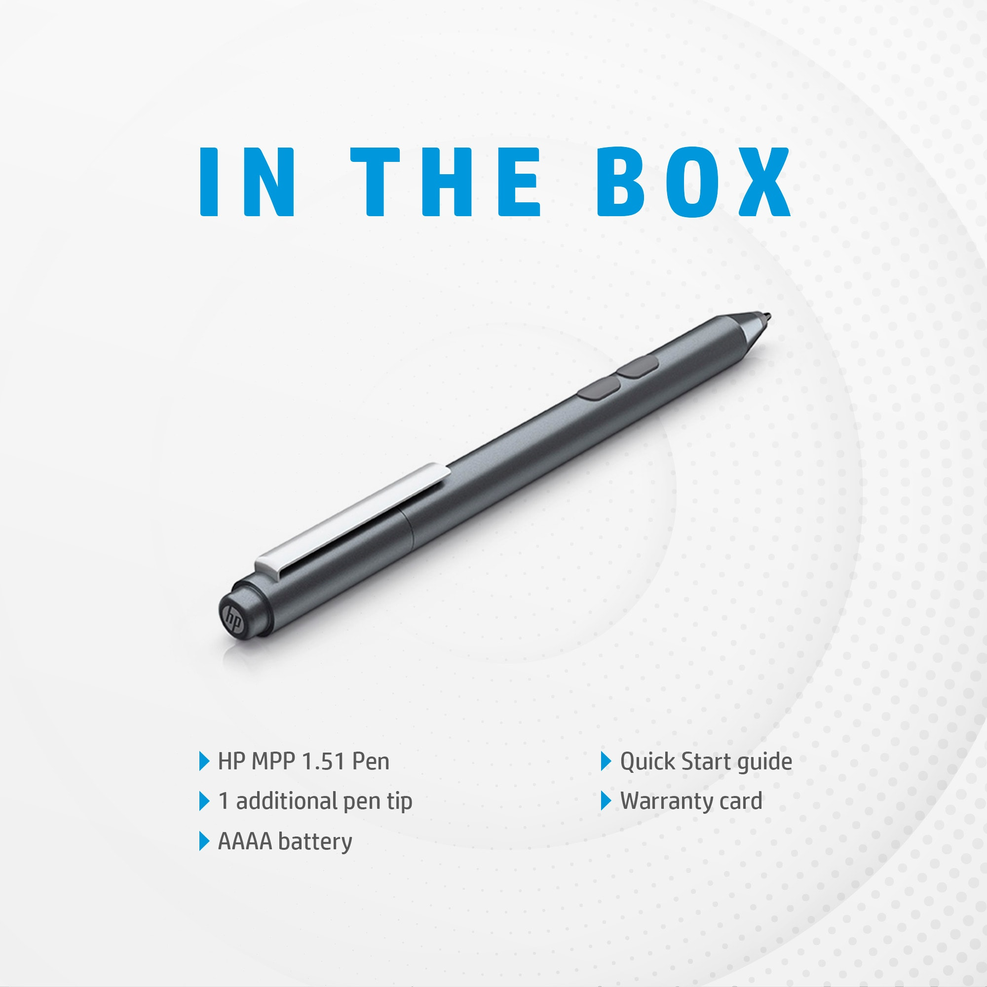 A gray stylus pen on a white background, with the words 'IN THE BOX' above it.