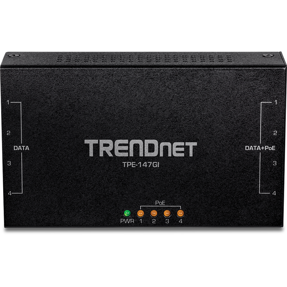Schwarzes TRENDnet TPE-147GI-Gerät. Hat Anschlüsse und Lichter. Text: TRENDnet. Das Gerät steht auf weißer Oberfläche.