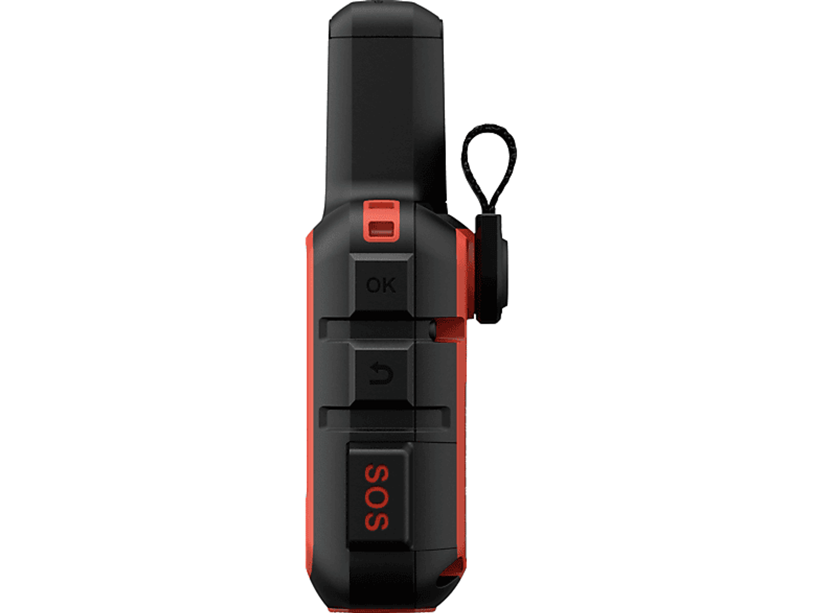 Seitenansicht eines Garmin inReach Mini 2 Geräts. Es hat orange und schwarze Teile und eine Schlaufe für einen Riemen.