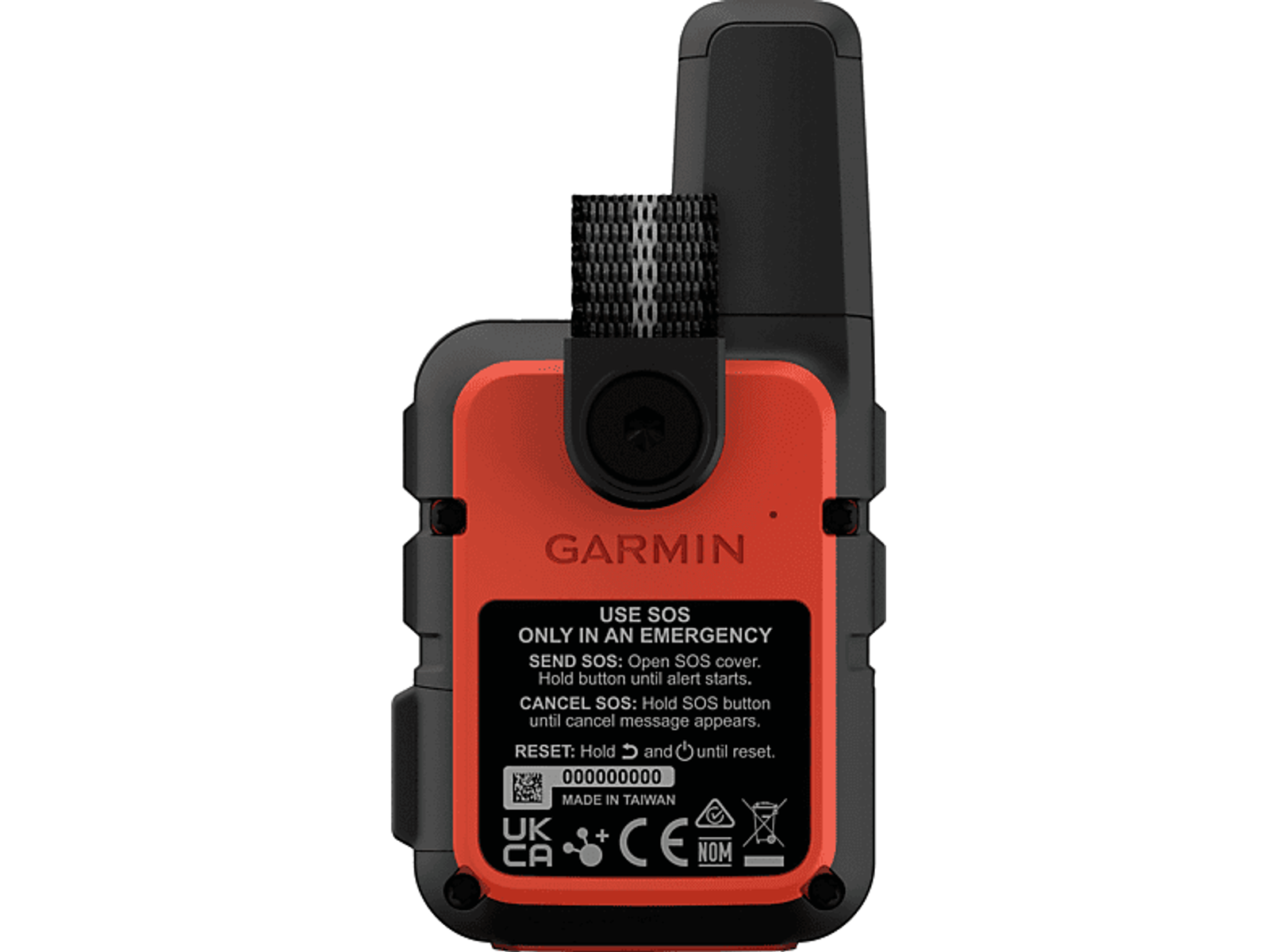 Die Rückseite eines Garmin inReach Mini 2 Geräts. Zeigt Text zur SOS-Nutzung und UKCA/CE-Kennzeichnungen.