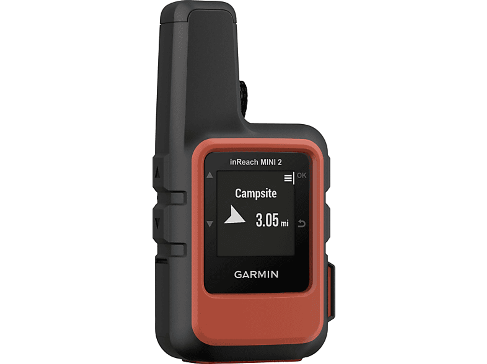 Ein schwarz-oranges GPS-Gerät zeigt eine Karte mit Campingplatzinformationen.