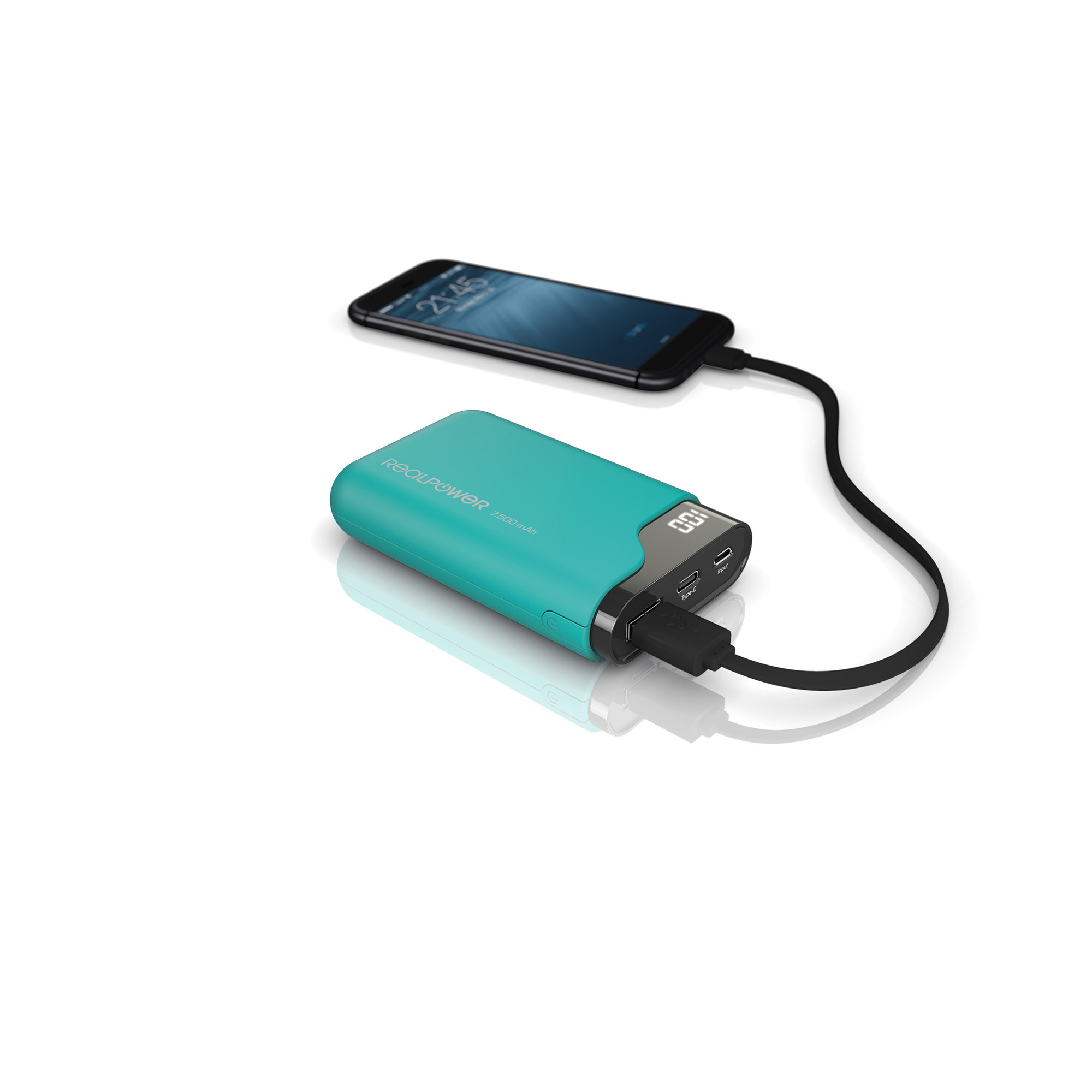 Power bank turchese che carica un telefono nero. Schermo visibile.