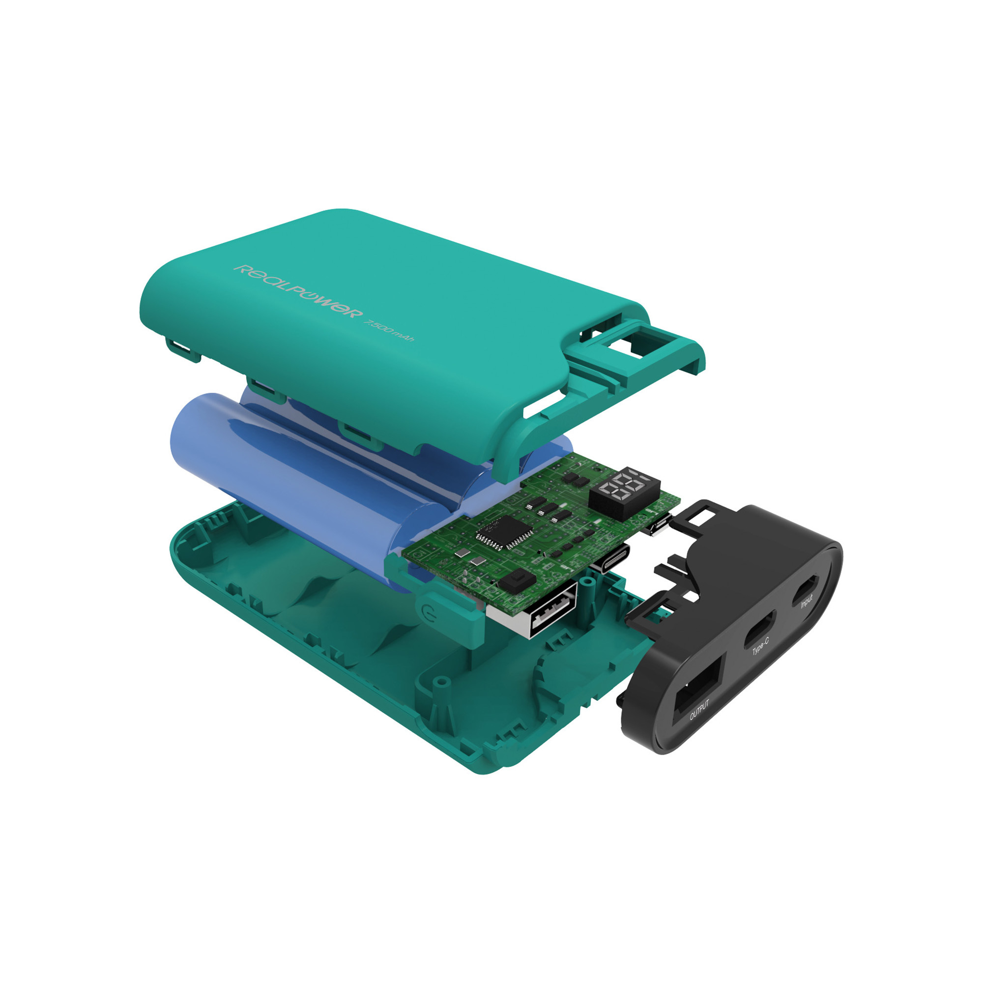 Vista esplosa di un power bank, che mostra batteria, circuito stampato e involucro, su sfondo bianco.